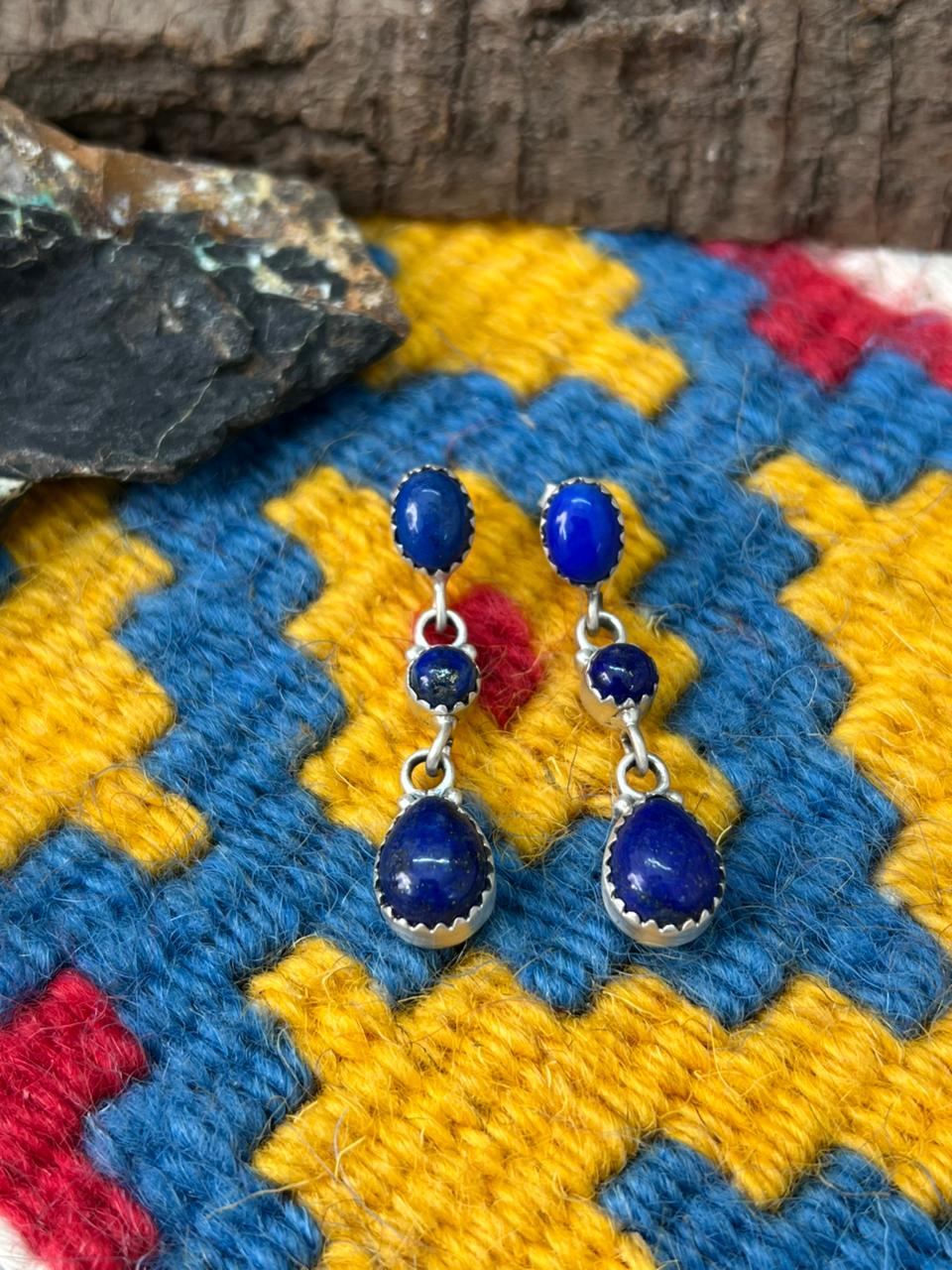 Handmade Sterling Silver Lapis Post Dangle Earrings "Signed Nizhoni"