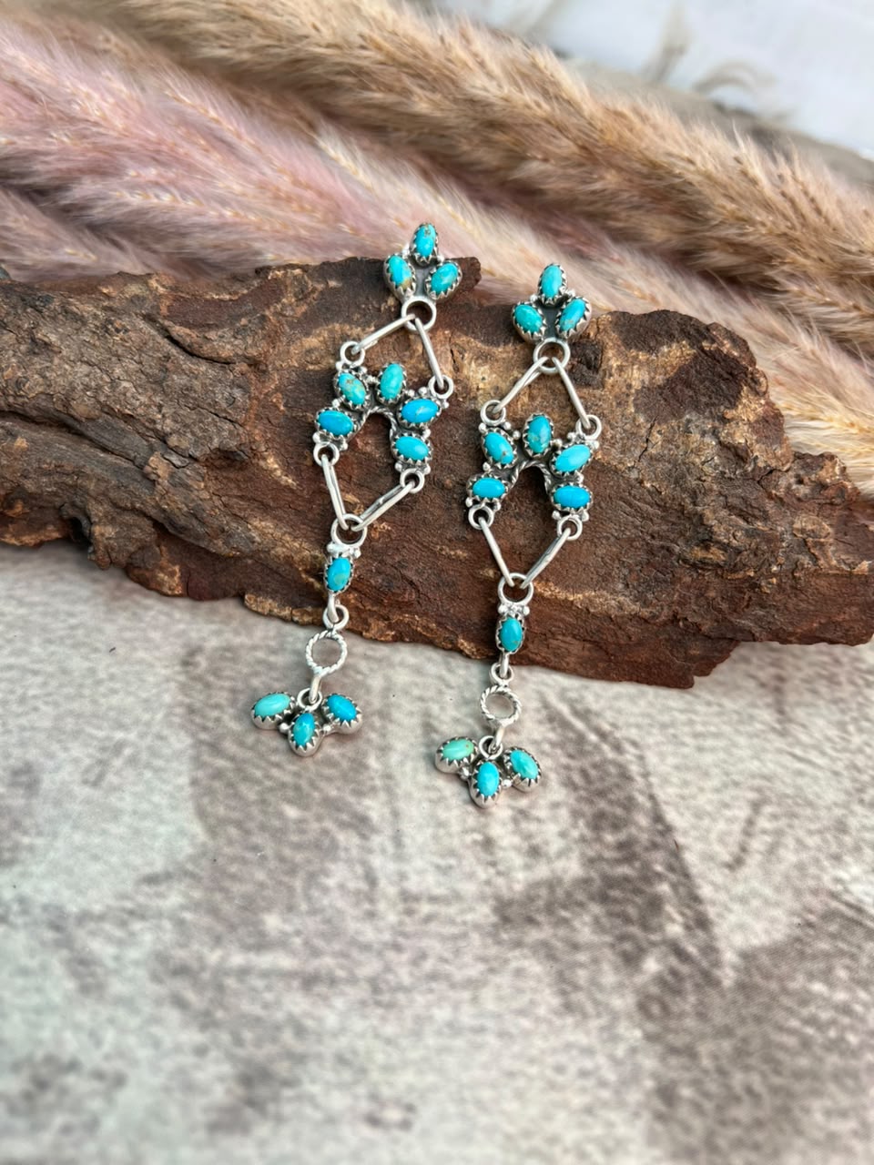 Handmade Sterling Silver Kingman Turquoise Post Dangle Earrings Signed Nizhoni