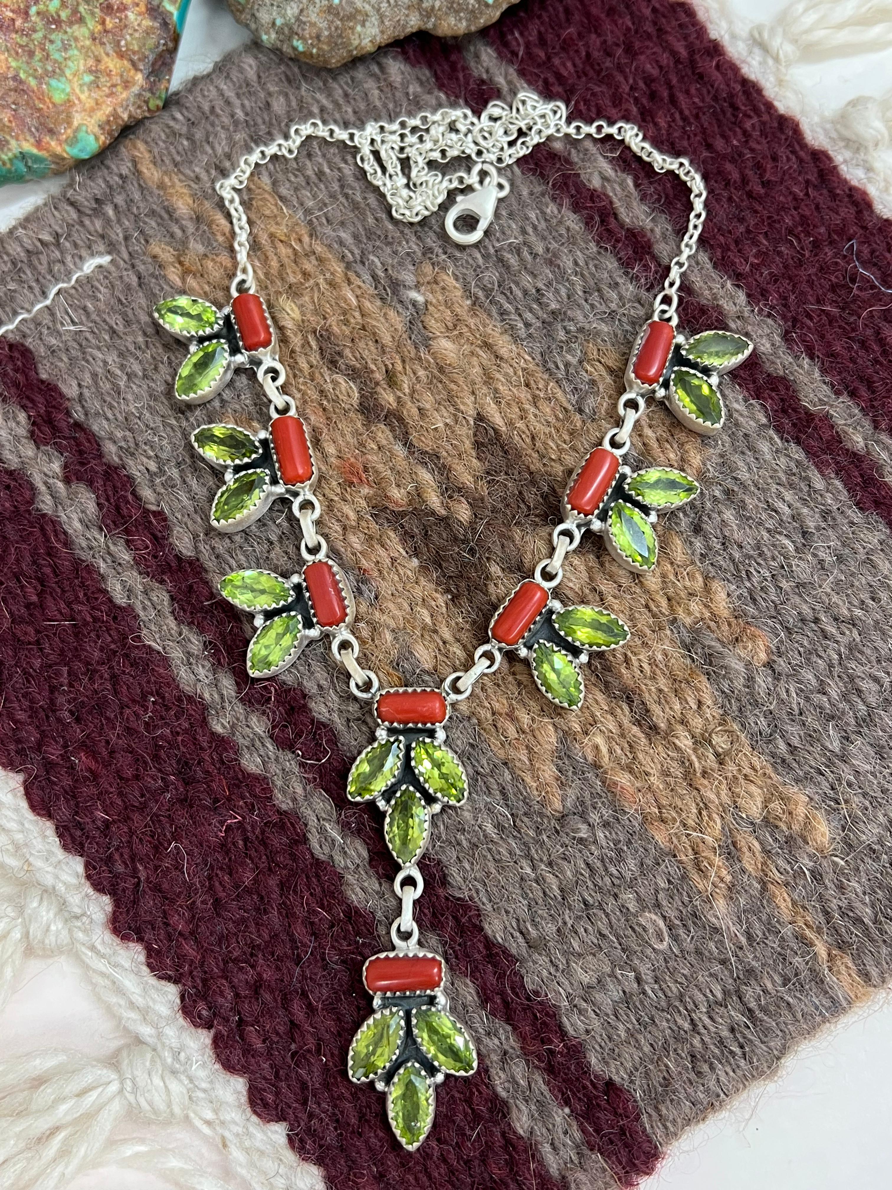 Christmas Collection Handmade Sterling Silver Coral with Peridot Necklace with Signed Nizhoni