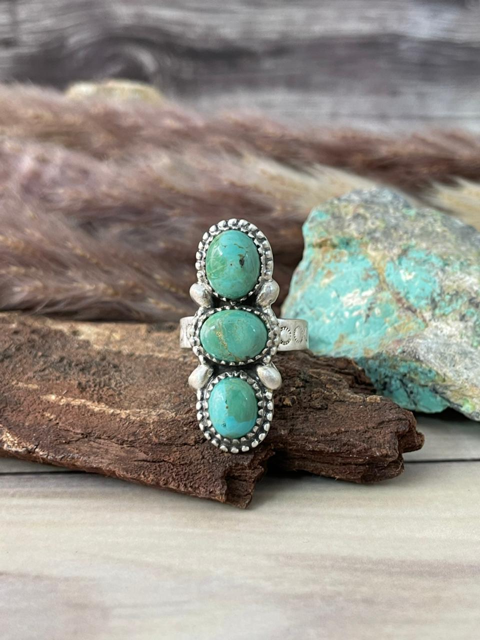 Handmade Sterling Silver Kingman Turquoise Adjustable Ring Signed Nizhoni