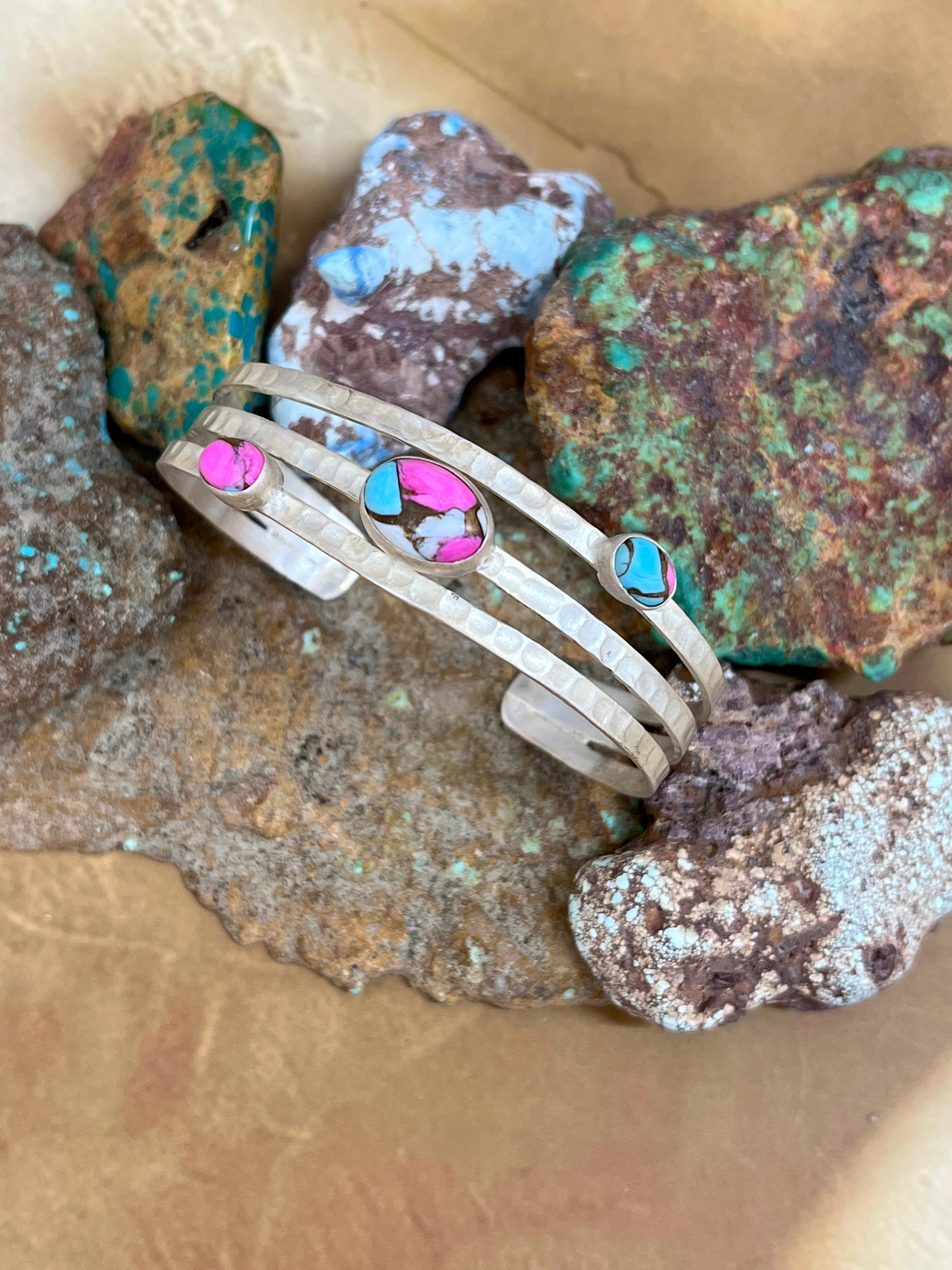 Handmade Sterling Silver Cotton Candy Turquoise Bracelet with Signed Nizhoni