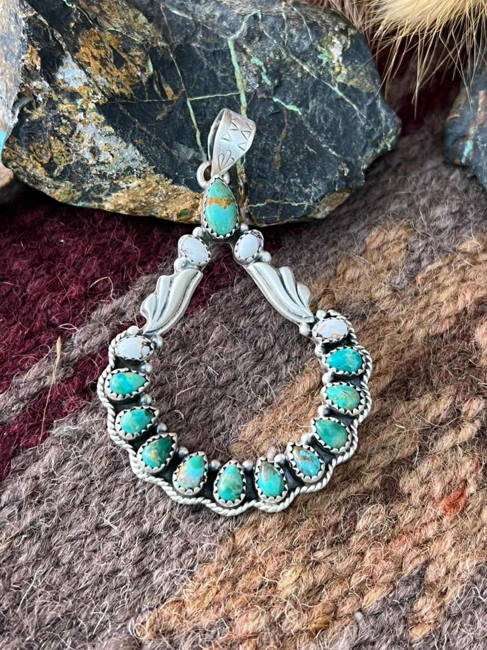 Handmade Sterling Silver Kingman Turquoise with Wildhorse Magnesite Pendant "Signed Nizhoni"