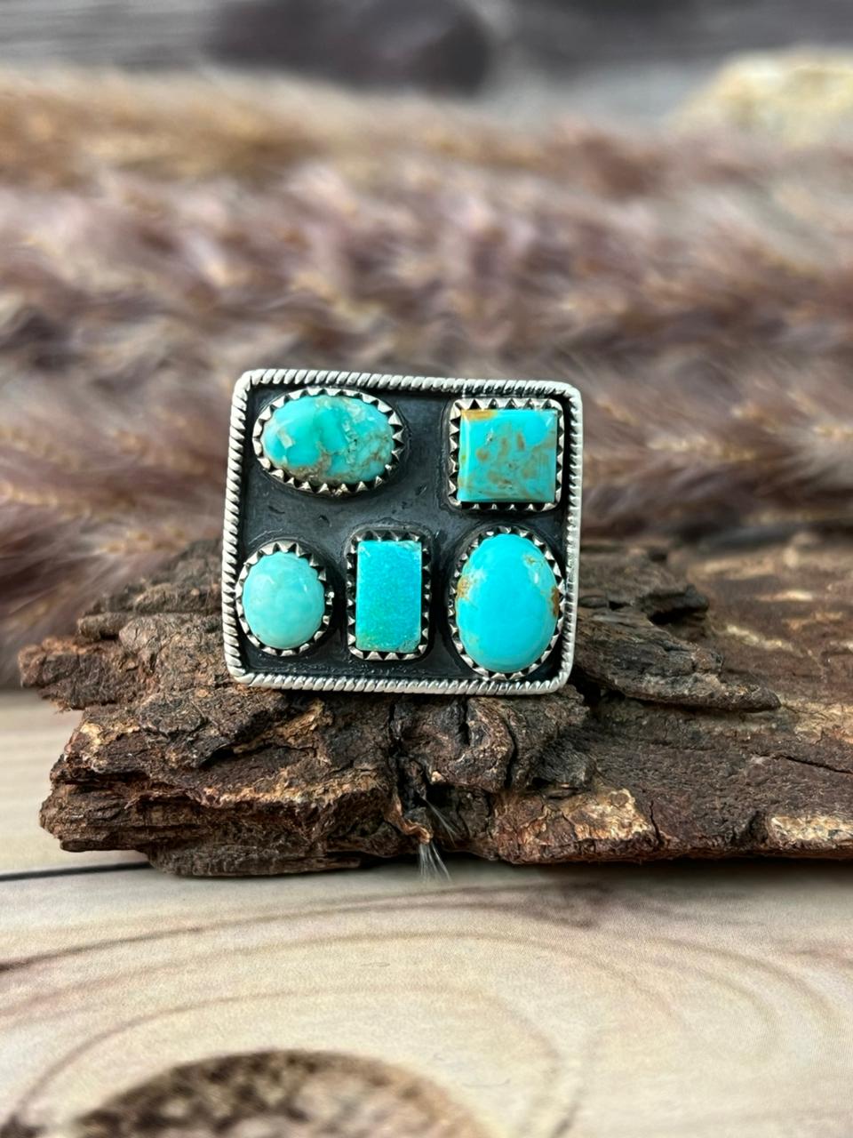 Handmade Sterling Silver Santa Maria Turquoise Adjustable Ring Signed Nizhoni