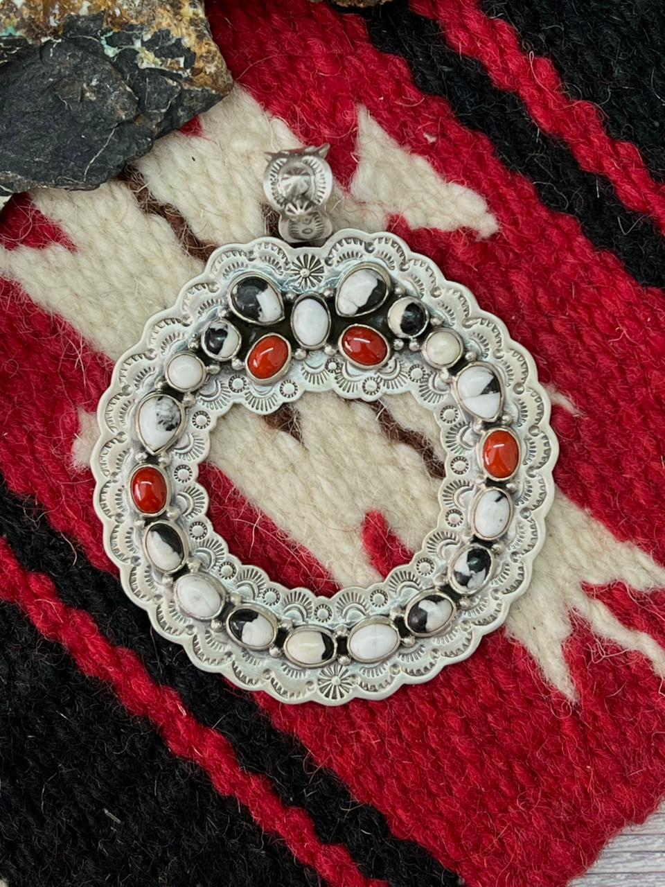 "Christmas Collection" Handmade Sterling Silver White Buffalo with Coral Pendant "Signed Nizhoni"