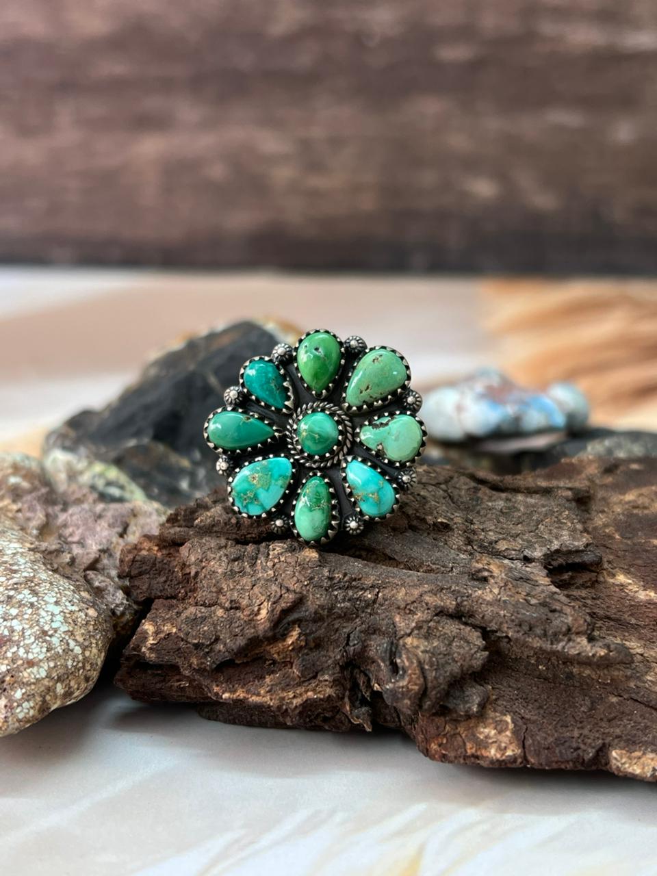 Handmade Sterling Silver Emerald Valley Turquoise Adjustable Ring "Signed Nizhoni"