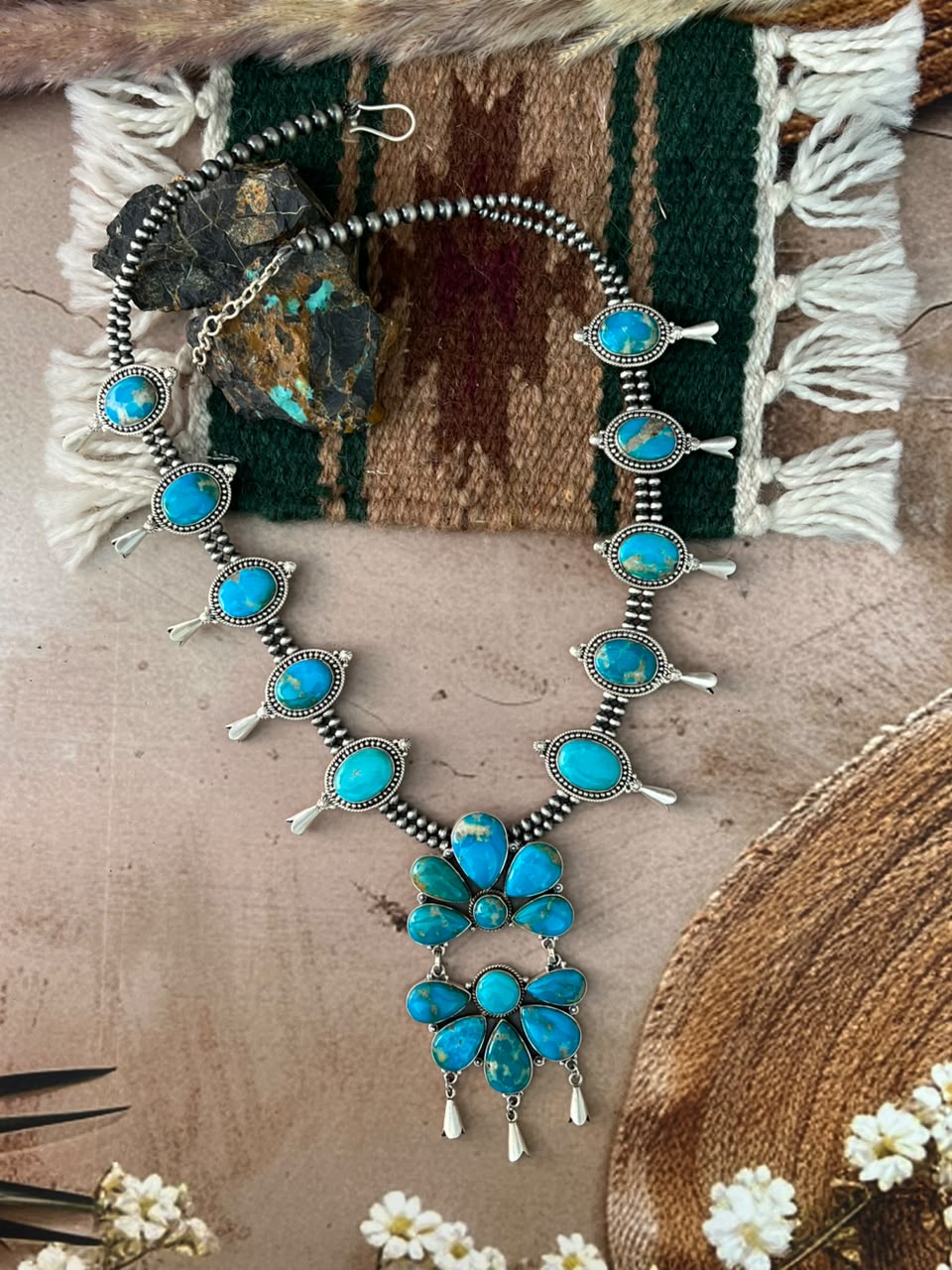Handmade Sterling Silver Hardy Pit Collection: Beaded Squash Blossom Necklace Signed Nizhoni