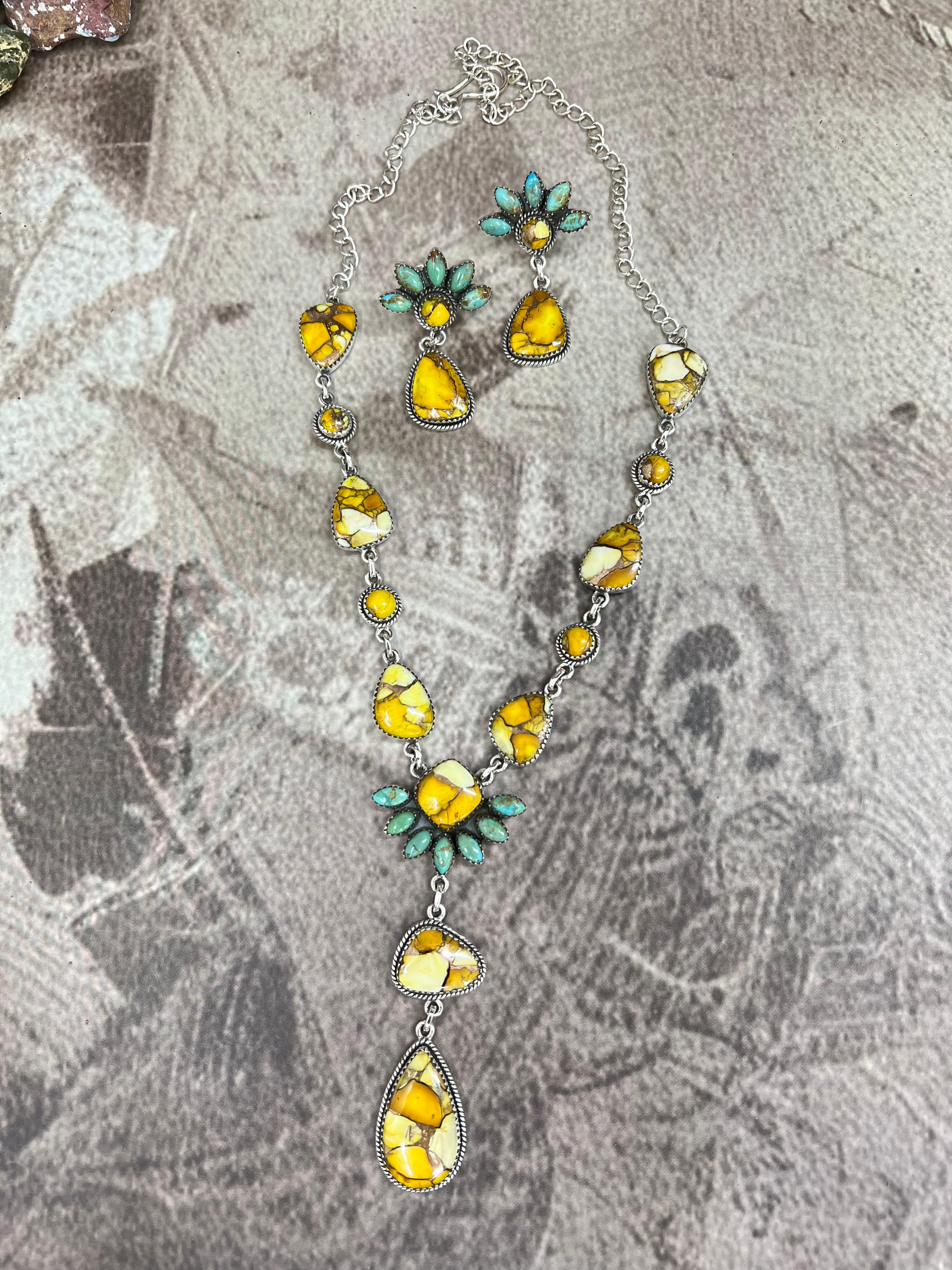 Handmade Sterling Silver Honey Dahlia with Kingman Turquoise Necklace Earrings Set, Signed Nizhoni