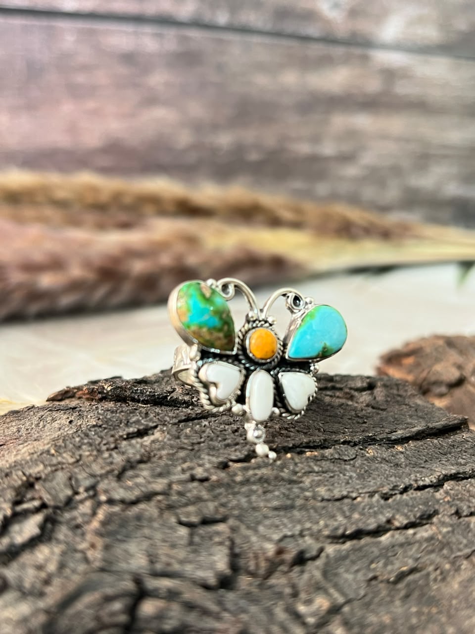 Handmade Sterling Silver Sonoran Mountain Turquoise with Bumblebee and White Buffalo Spring Collection: Butterfly Adjustable Ring Signed Nizhoni