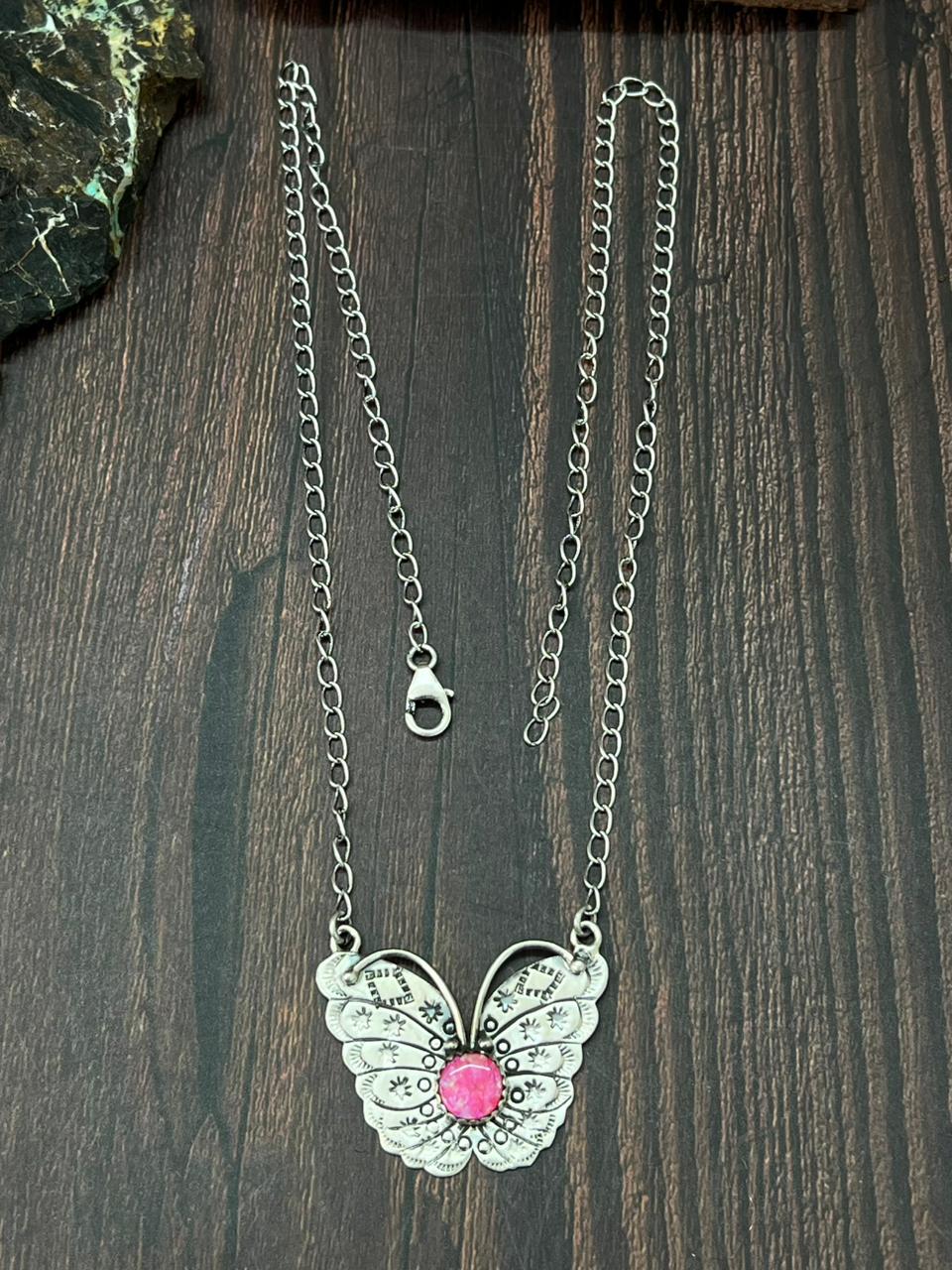 Handmade Sterling Silver Hot Pink Butterfly Necklace "Signed Nizhoni" (9)