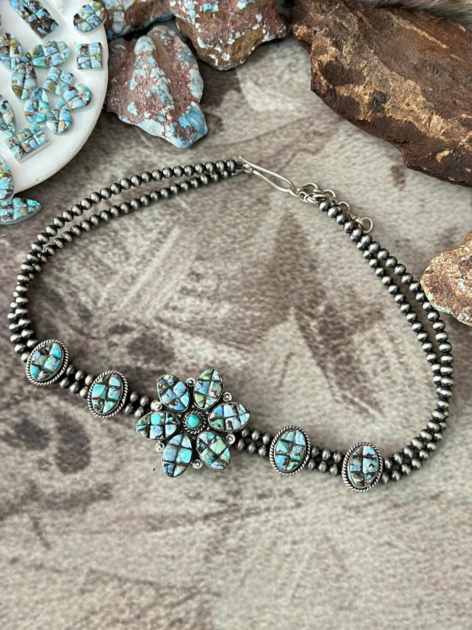 Handmade Sterling Silver 'Golden Hills Turquoise Cobble Collection' Beaded Necklace "Signed Nizhoni"