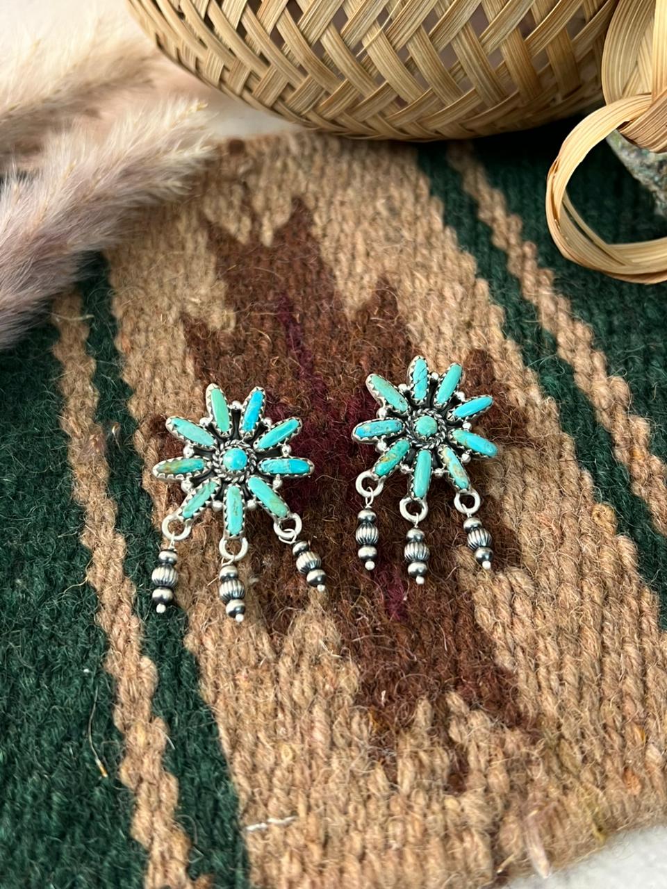 Handmade Sterling Silver Kingman Turquoise Beaded Post Dangle Earrings Signed Nizhoni