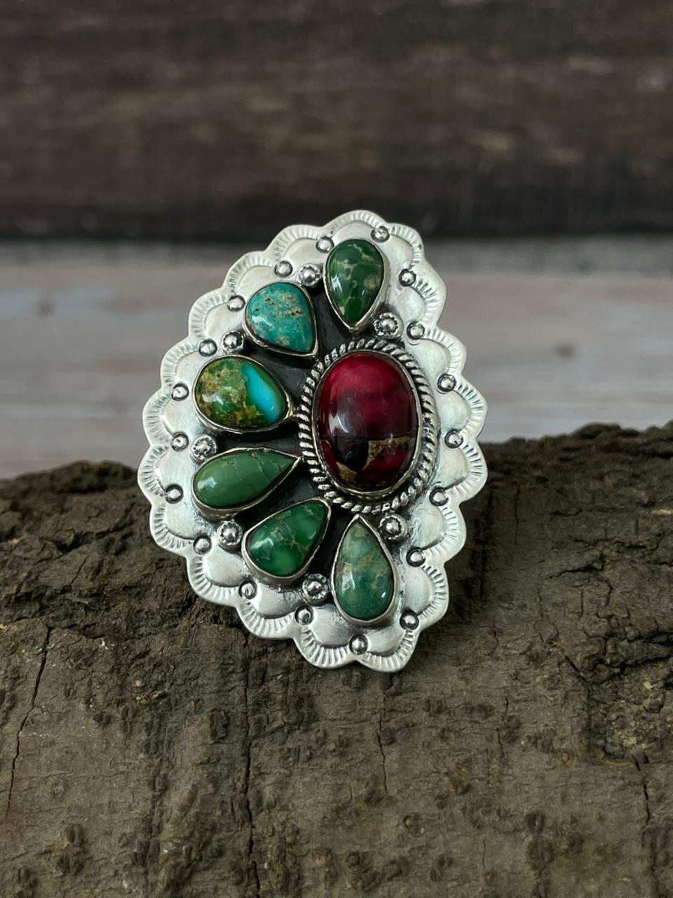 Handmade Sterling Silver Dahlia Rose With Emerald Valley Turquoise Ring "Signed Nizhoni"