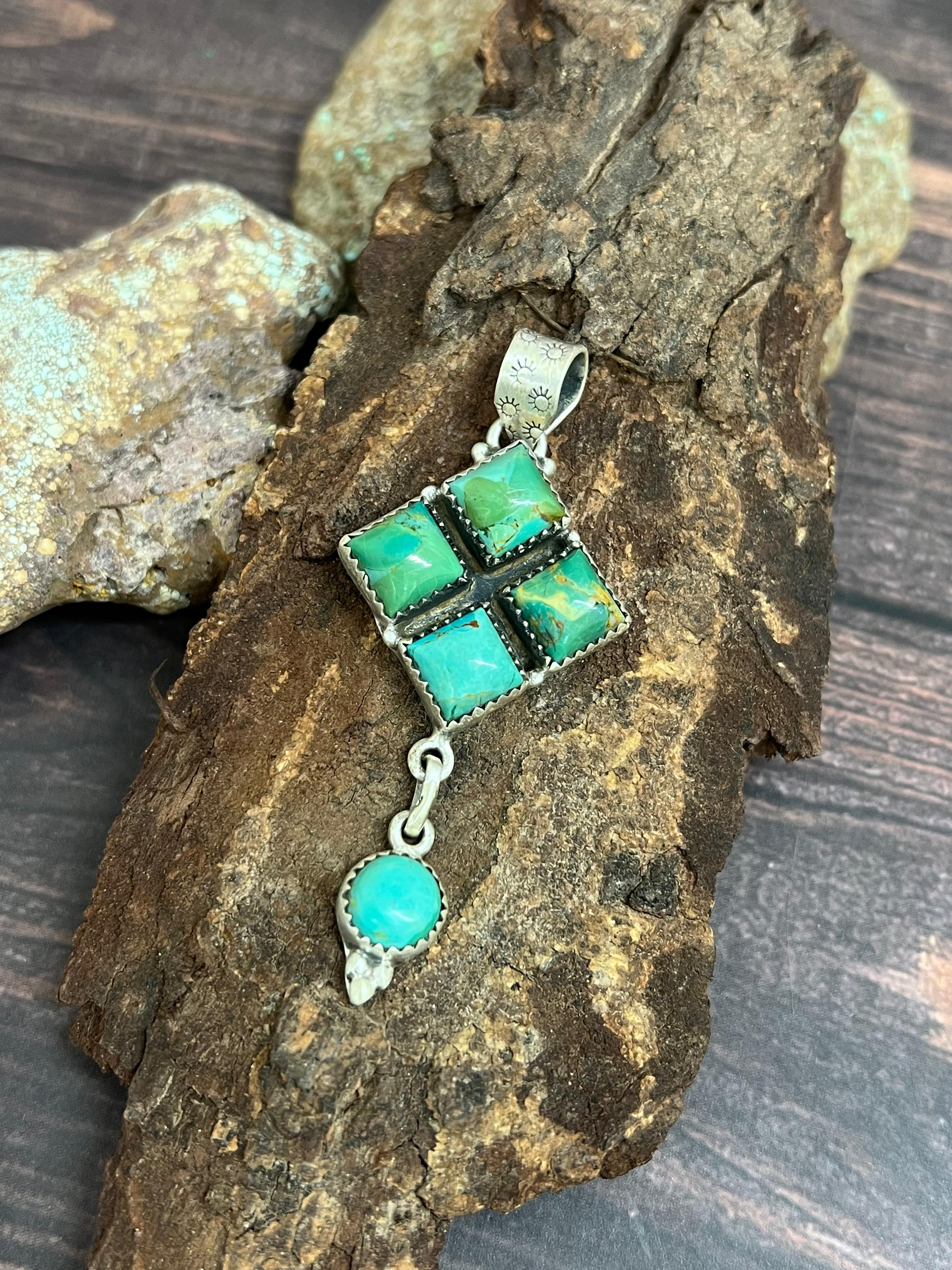 Handmade Sterling Silver Kingman Turquoise Pendant with Signed Nizhoni