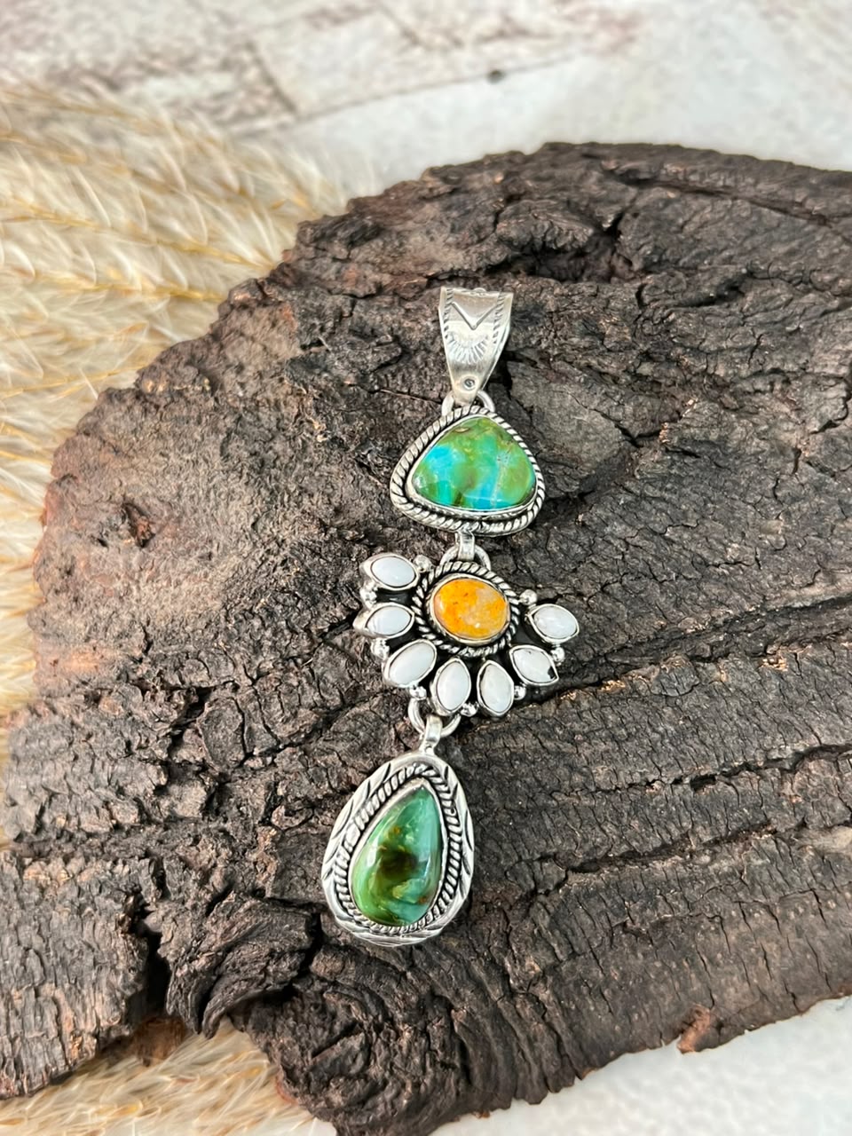 Handmade Sterling Silver Sonoran Mountain Turquoise with Bumblebee and White Buffalo Spring Collection: Pendant Signed Nizhoni