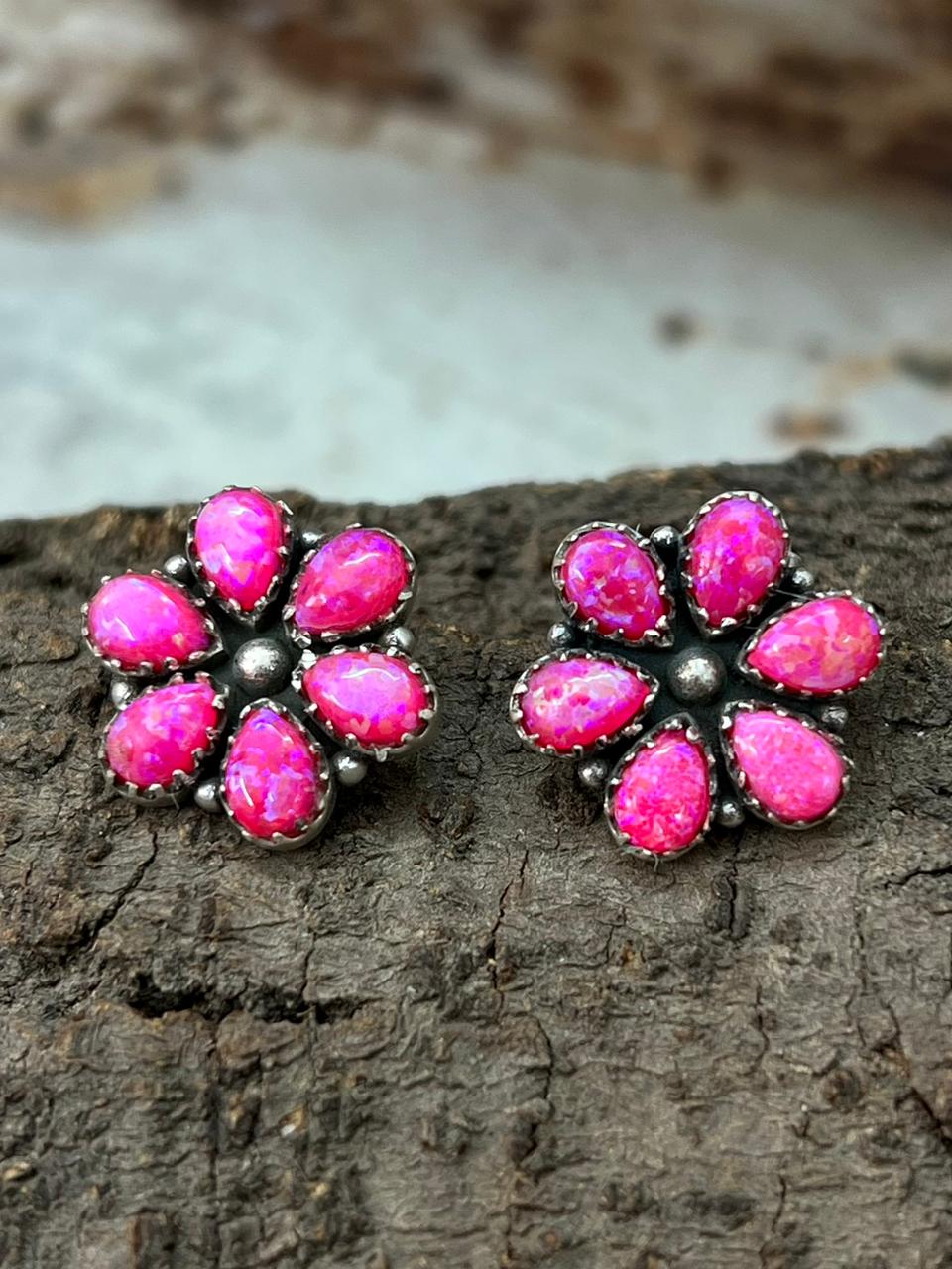 Handmade Sterling Silver Hot Pink Post Studs Earrings "Signed Nizhoni"