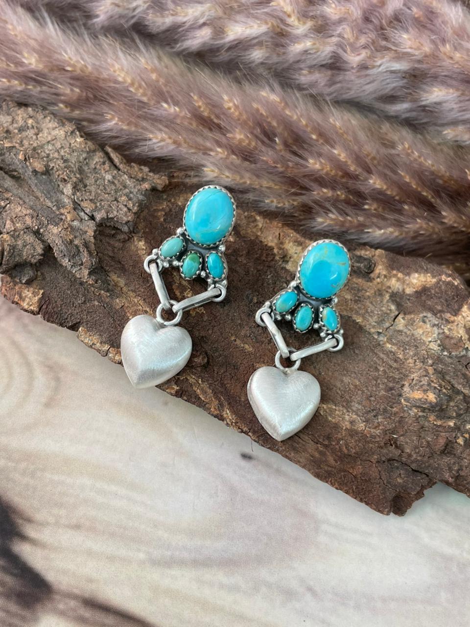 Handmade Sterling Silver Kingman Turquoise Post Dangle Earrings Signed Nizhoni