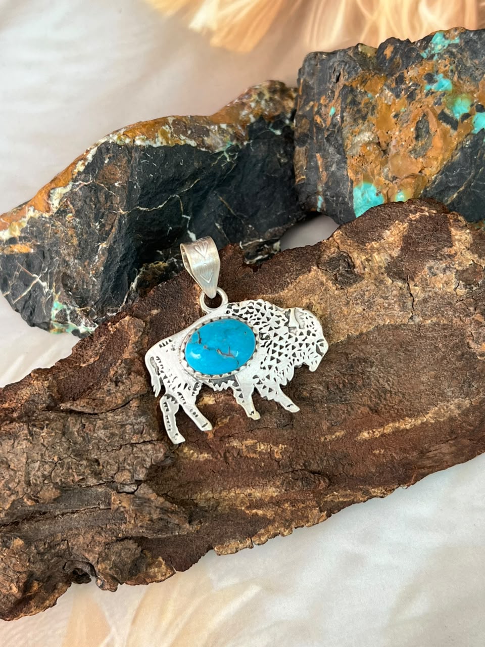 Handmade Sterling Silver Kingman Turquoise Bison Pendant Signed Nizhoni