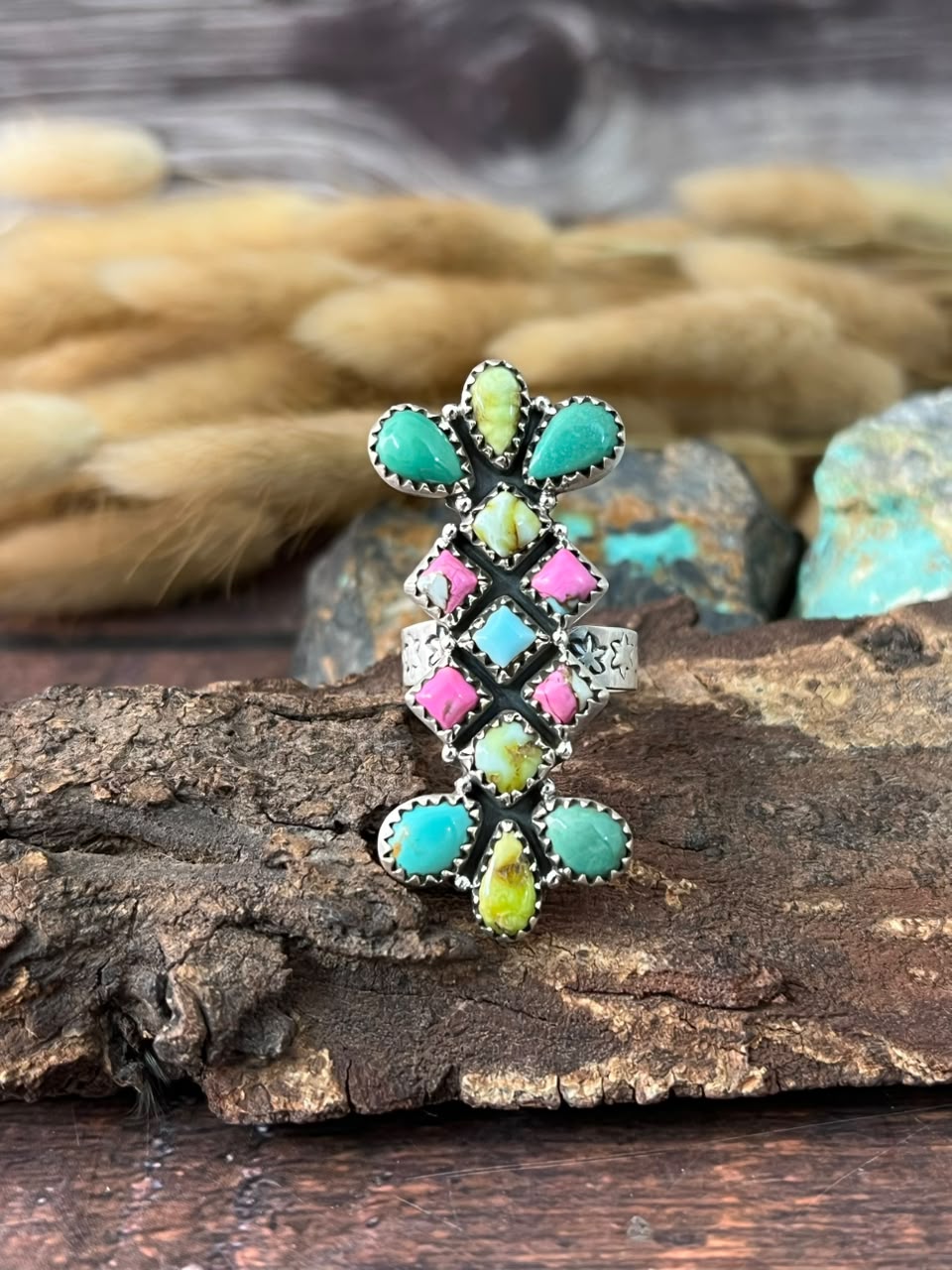Handmade Sterling Silver Carico Lake with Palomino Turquoise and Cotton Candy Adjustable Ring Signed Nizhoni (6)