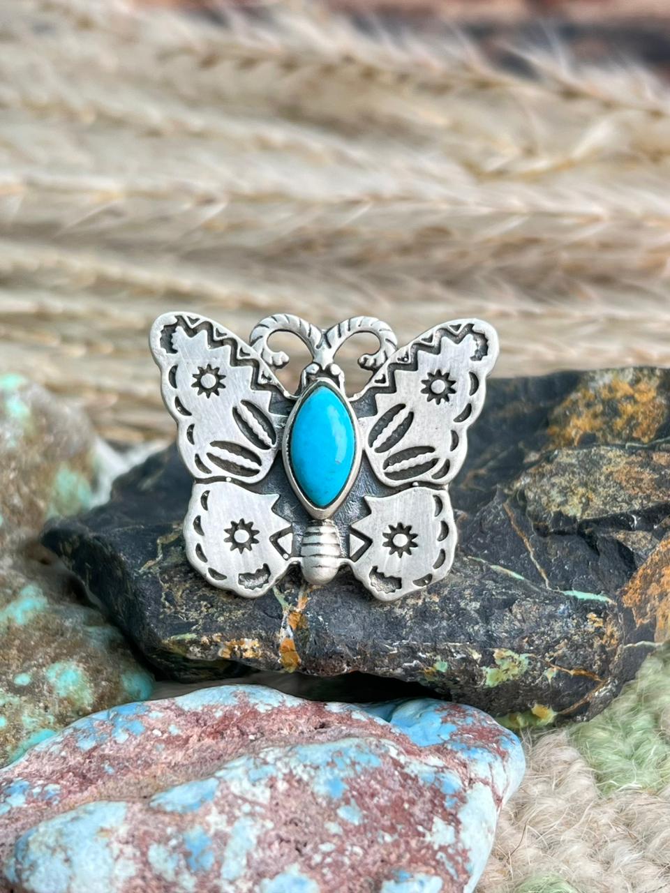 Handmade Sterling Silver Kingman Turquoise Butterfly Adjustable Ring "Signed Nizhoni"