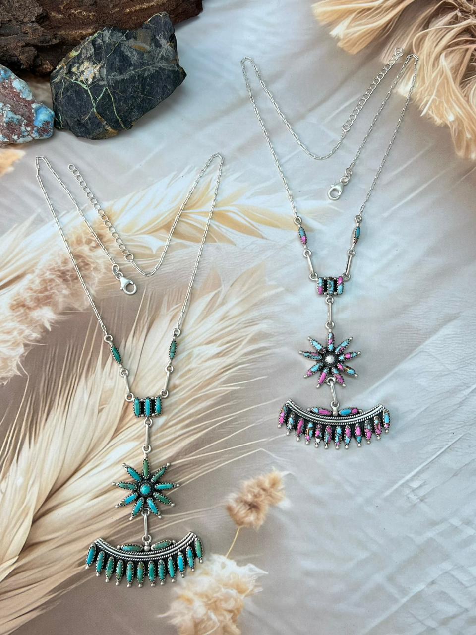 Handmade Sterling Silver Kingman Turquoise & Cotton Candy Necklace "Signed Nizhoni"