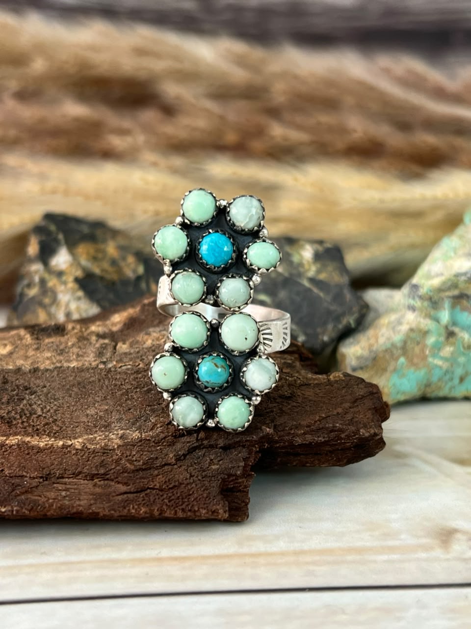 Handmade Sterling Silver Paloma with Kingman Turquoise Adjustable Ring Signed Nizhoni