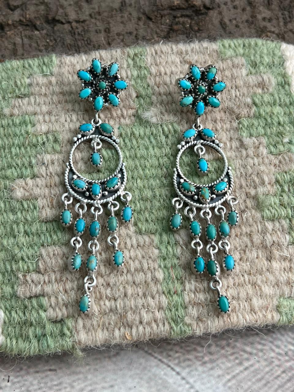 Handmade Sterling Silver Kingman Turquoise Post Dangle Earrings "Signed Nizhoni"
