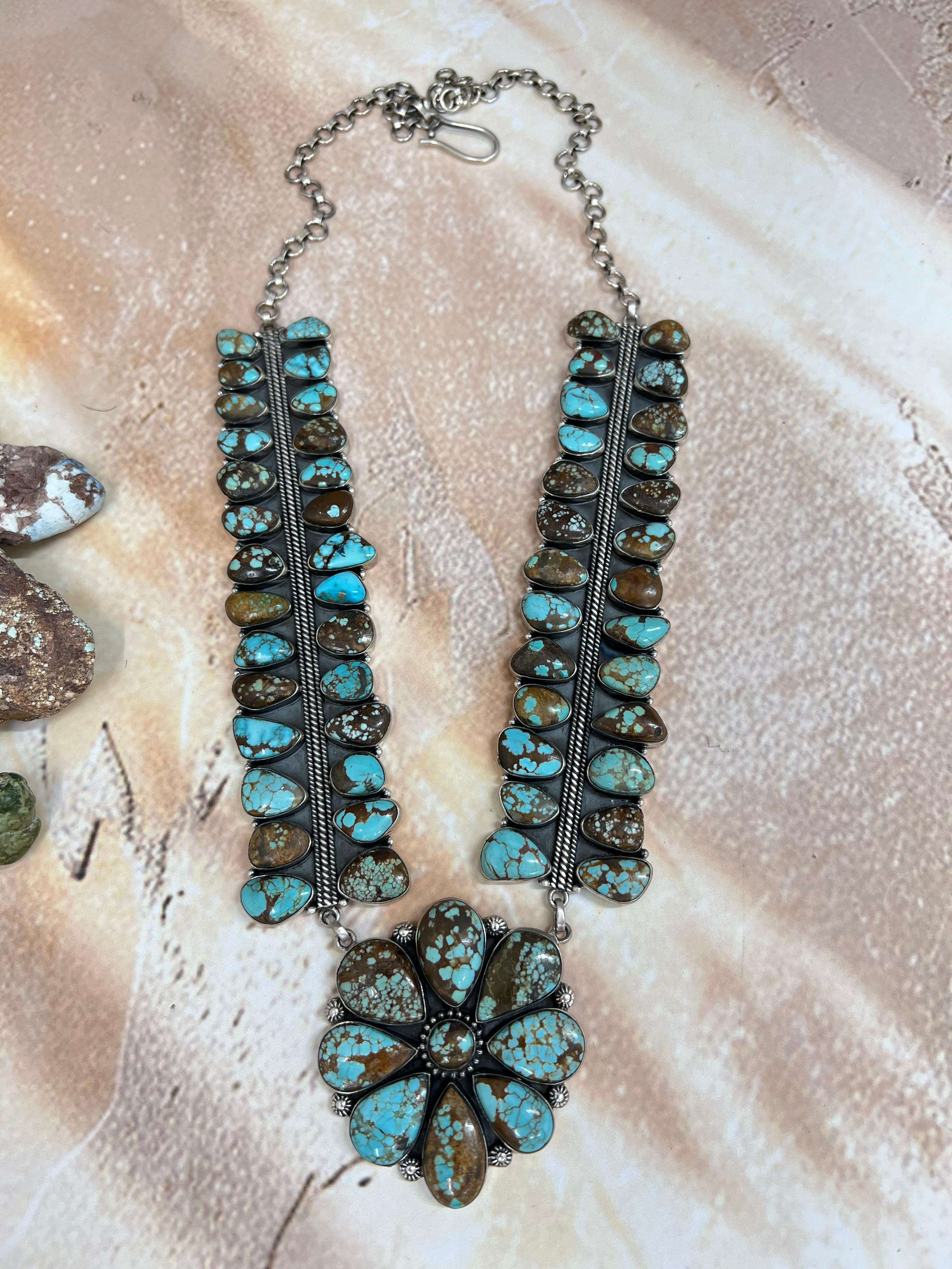 Handmade Sterling Silver Number 8 Turquoise Necklace with Signed Nizhoni