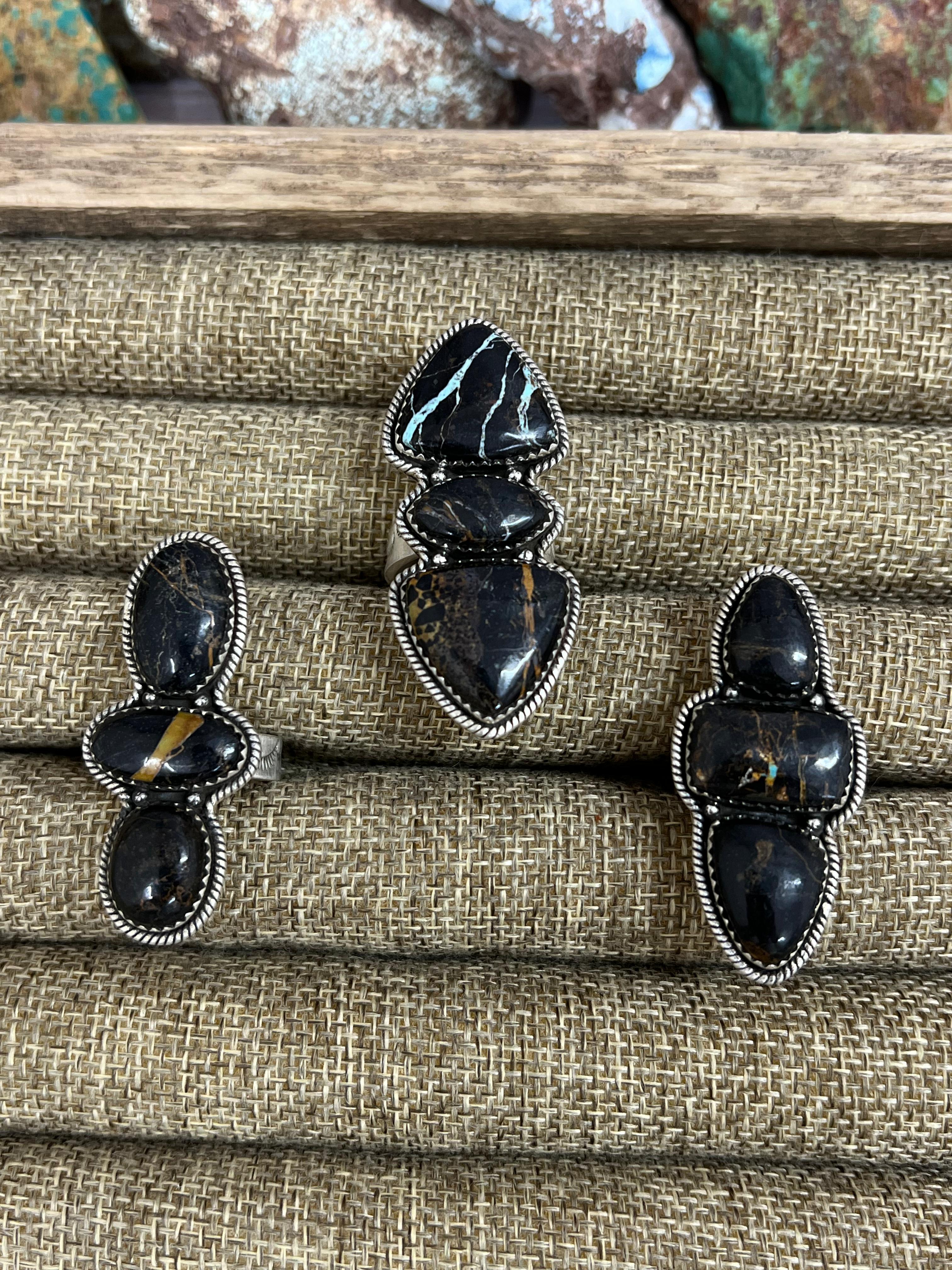 Handmade Sterling Silver Black Jack Adjustable Ring with Signed Nizhoni