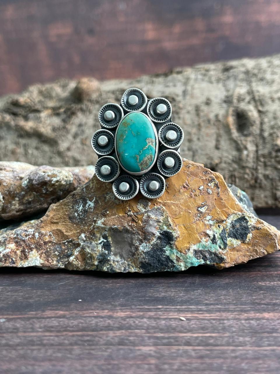 Handmade Sterling Silver Emerald Valley Turquoise Adjustable Ring "Signed Nizhoni"