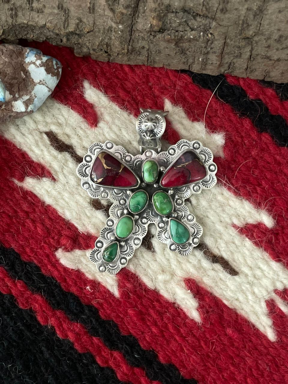 Handmade Sterling Silver Dahlia Rose with Emerald Valley Turquoise Pendant "Signed Nizhoni"