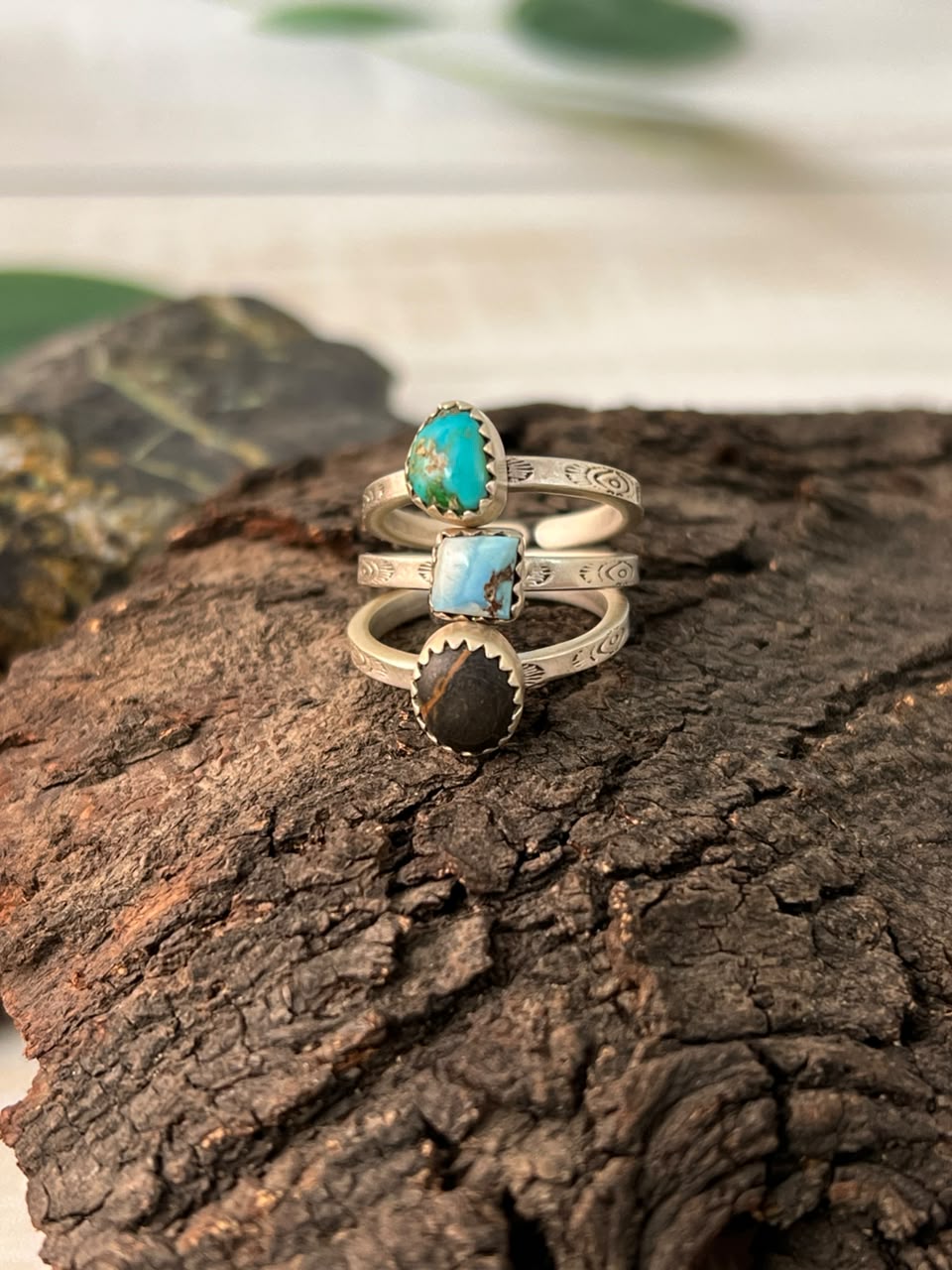 Handmade Sterling Silver Golden Hills with Sonoran Mountain and Blackjack Turquoise Adjustable Stackable Ring
