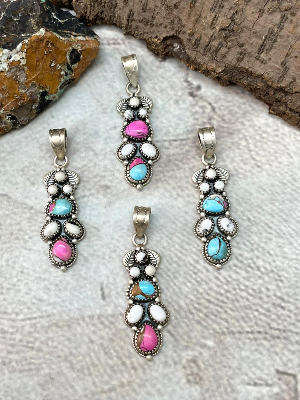 Handmade Sterling Silver White Buffalo with Cotton Candy Pendant "Signed Nizhoni"