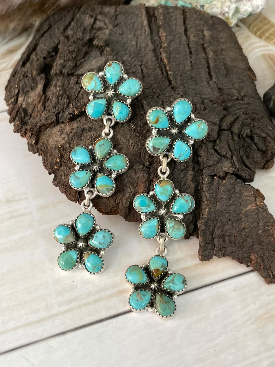 Handmade Sterling Silver Kingman Turquoise Post Dangle Earrings Signed Nizhoni
