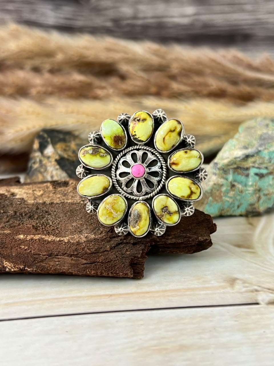 Handmade Sterling Silver Palomino Turquoise with Cotton Candy Adjustable Ring Signed Nizhoni