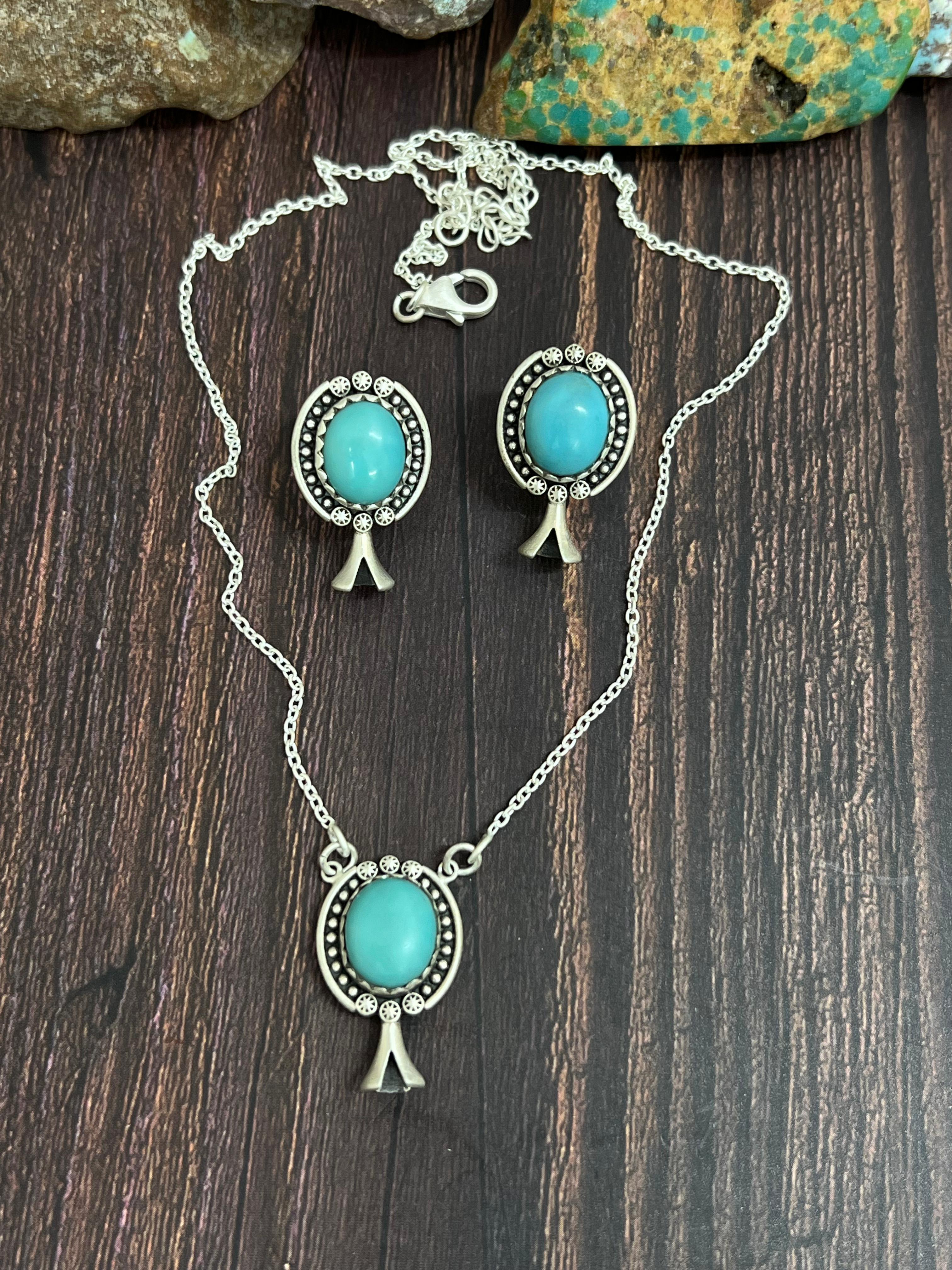 Handmade Sterling Silver Kingman Turquoise Necklace Earrings Set with Signed Nizhoni