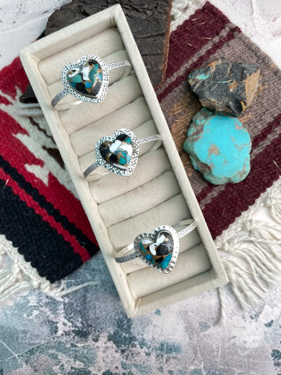Handmade Sterling Silver Kingman with White Buffalo Turquoise Heart Cuff Bracelet Signed Nizhoni