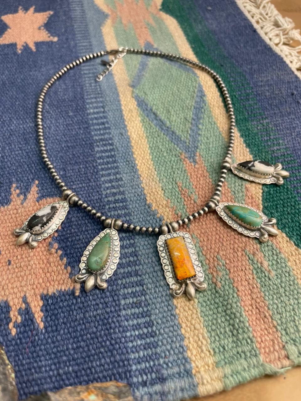 Handmade Sterling Silver Beaded Bumblebee with Kingman, White Buffalo Necklace "Signed Nizhoni"