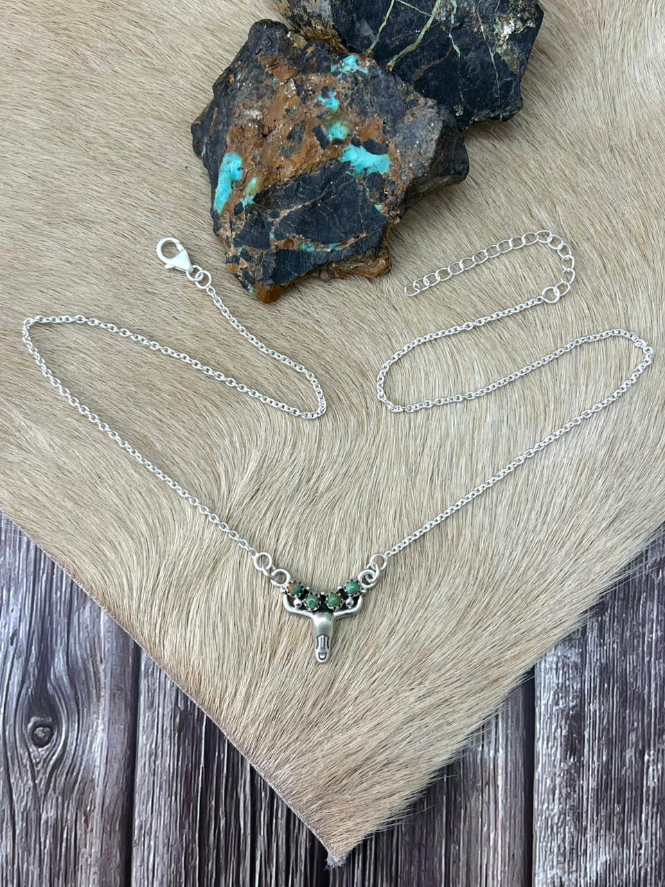 Handmade Sterling Silver Kingman Turquoise Bull Necklace "Signed Nizhoni"