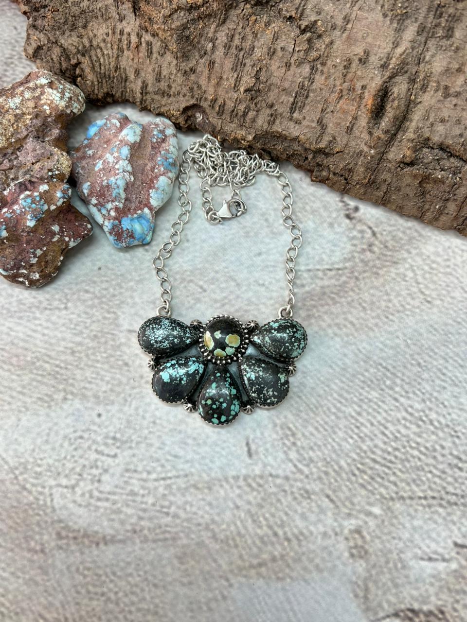 Handmade Sterling Silver Lander Turquoise Necklace with Signed Nizhoni