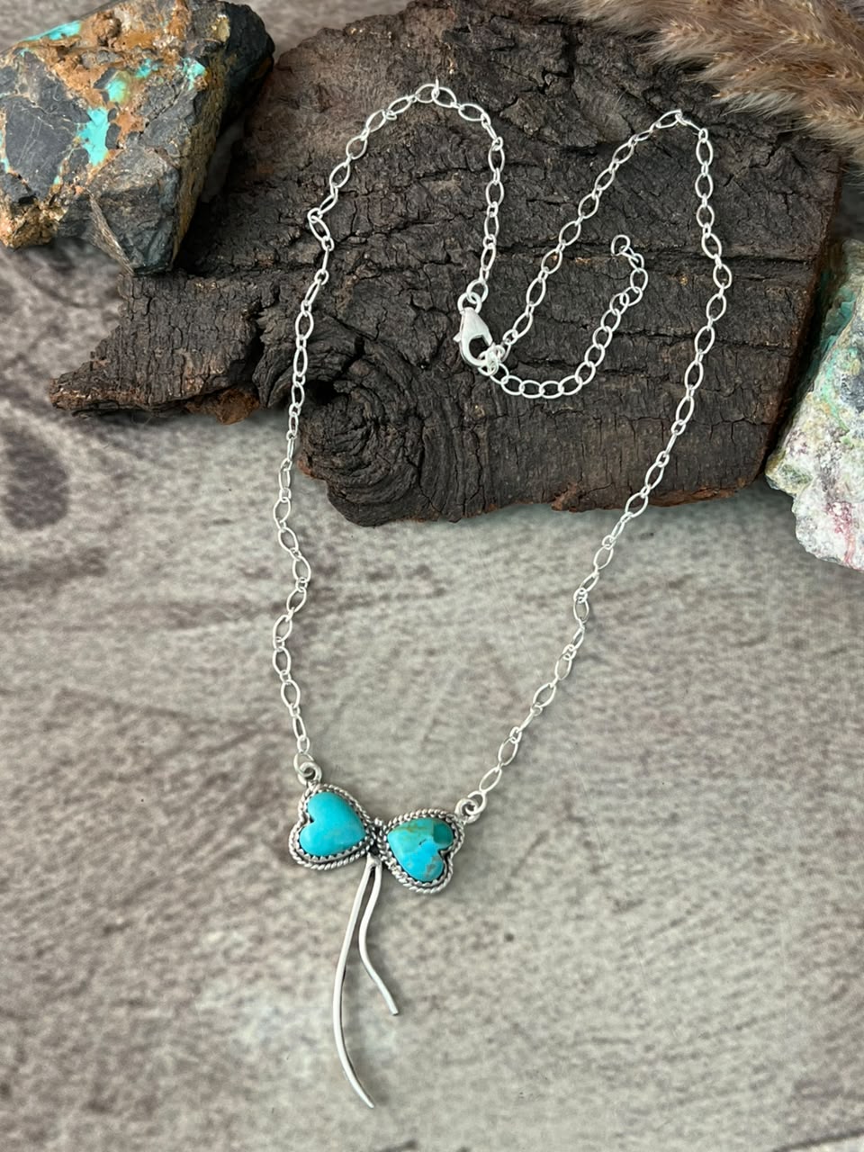 Handmade Sterling Silver Kingman Turquoise Bow Heart Necklace Signed Nizhoni