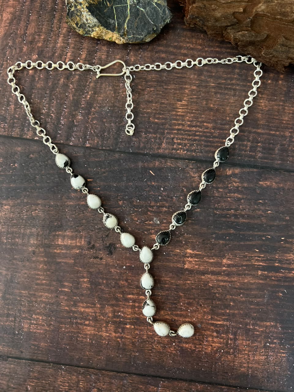 Handmade Sterling Silver White Buffalo 'Y Shaped' Necklace Signed Nizhoni