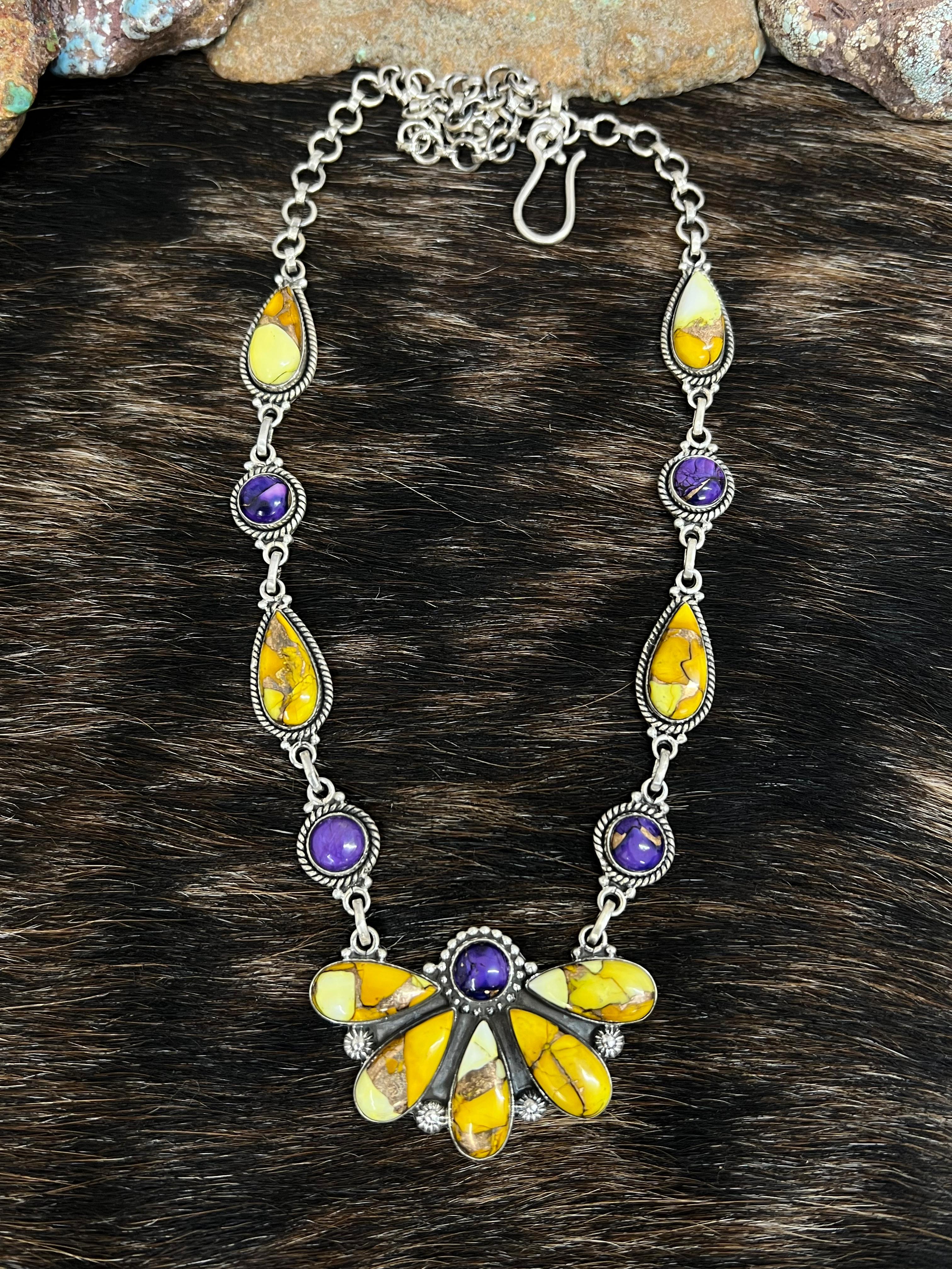 Handmade Sterling Silver Grape Dahlia, Honey Dahlia Necklace with Signed Nizhoni