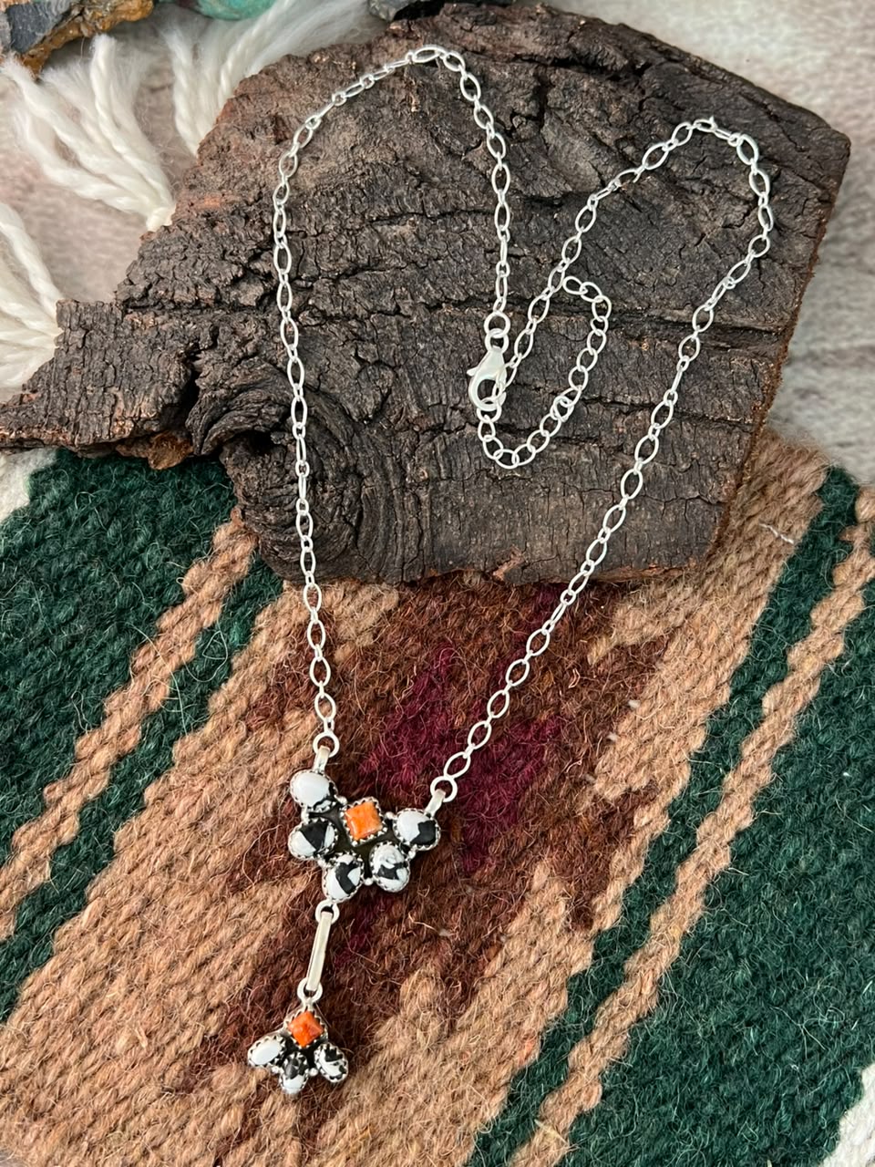 Handmade Sterling Silver Orange Mojave with White Buffalo Necklace Signed Nizhoni