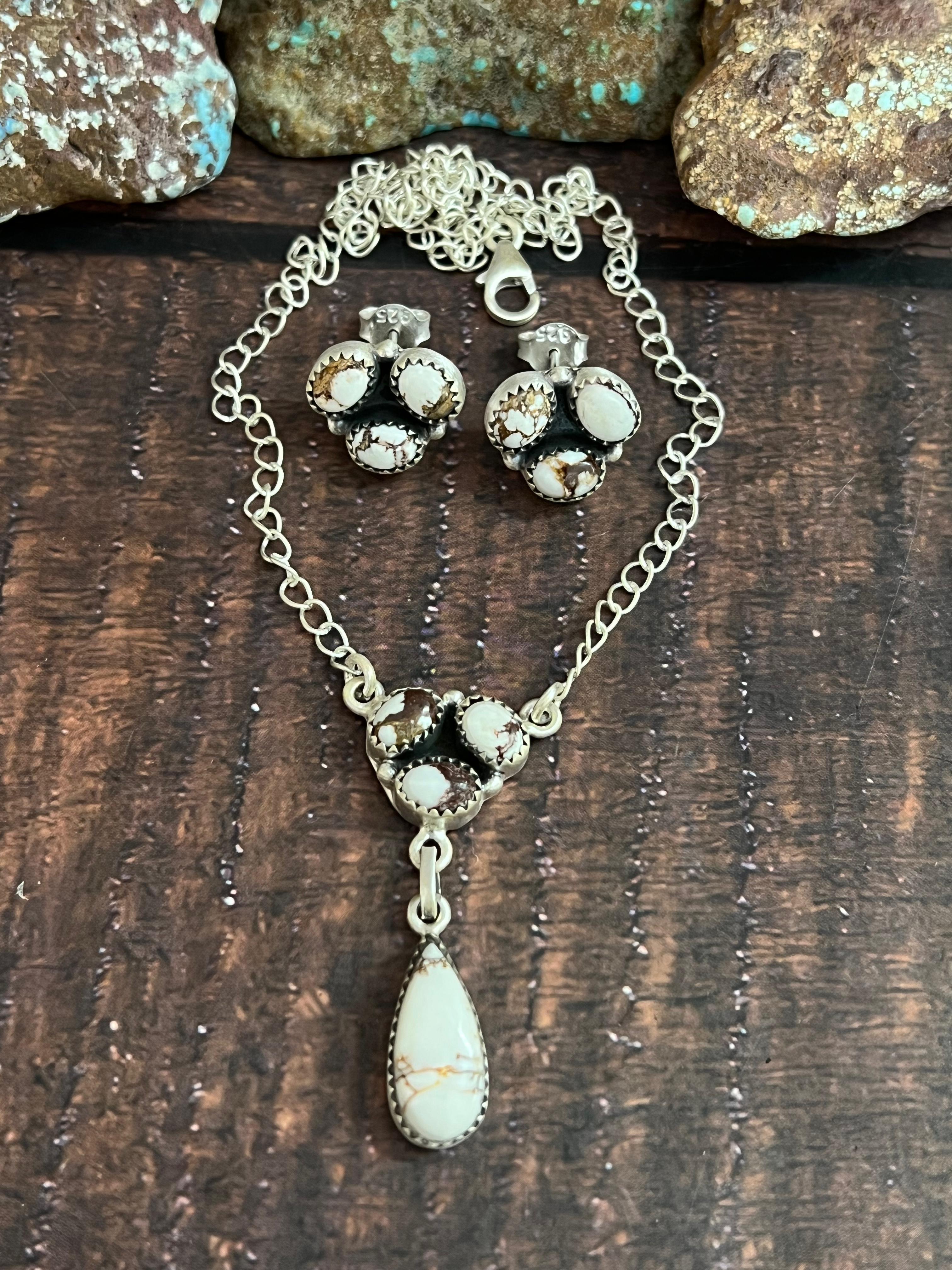 Handmade Sterling Silver Wild Horse Magnesite Necklace Earrings Set with Signed Nizhoni