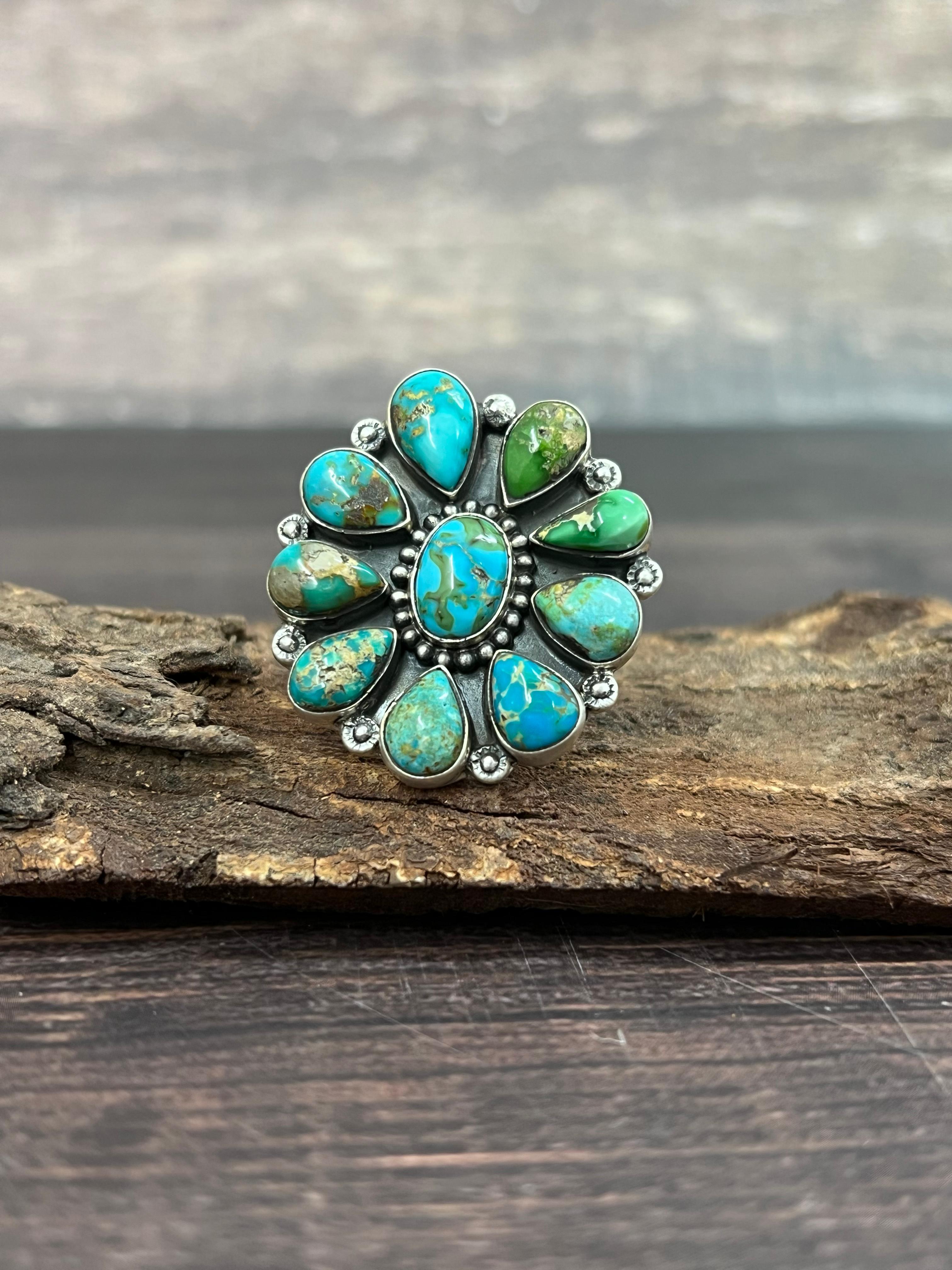 Handmade Sterling Silver South Hill Turquoise Adjustable Ring with Signed Nizhoni
