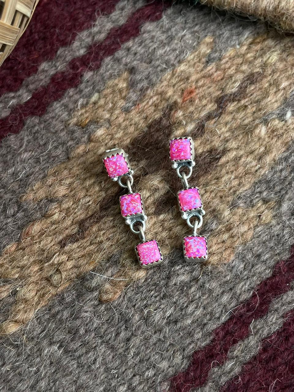 Handmade Sterling Silver Hot Pink Post Dangle Earrings "Signed Nizhoni"