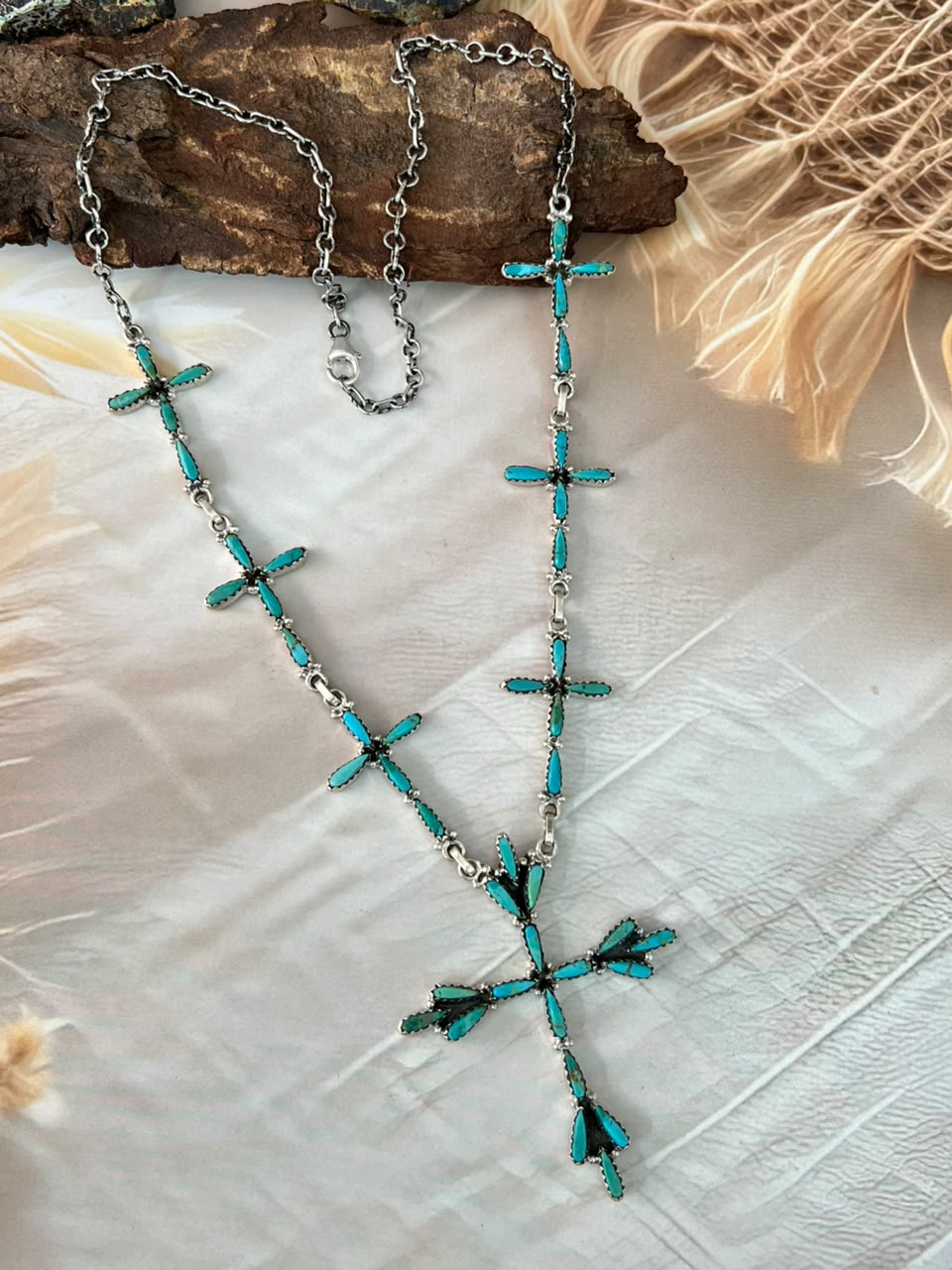 Handmade Sterling Silver Kingman Turquoise Cross Necklace Signed Nizhoni