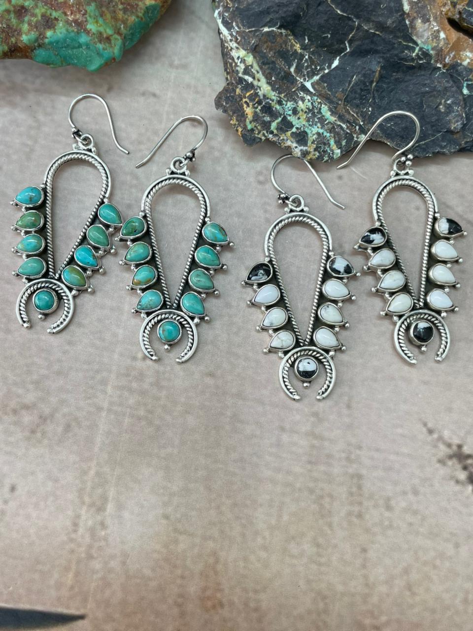 Handmade Sterling Silver Kingman, White Buffalo Hook Dangle Earrings "Signed Nizhoni" (4)