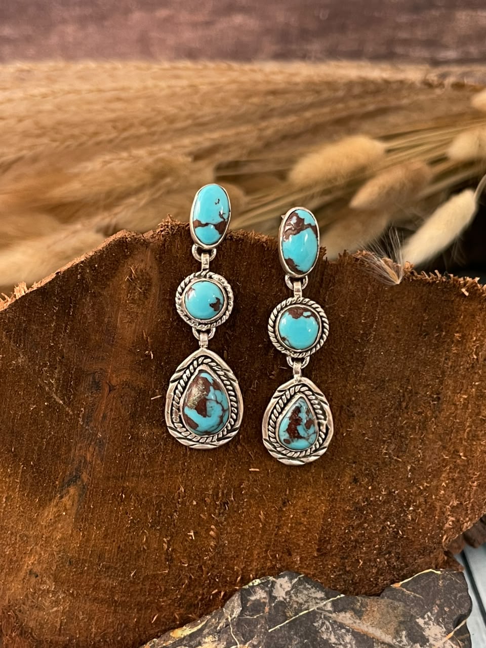 Handmade Sterling Silver Egyptian Turquoise Collection: Post Dangle Earrings Signed Nizhoni