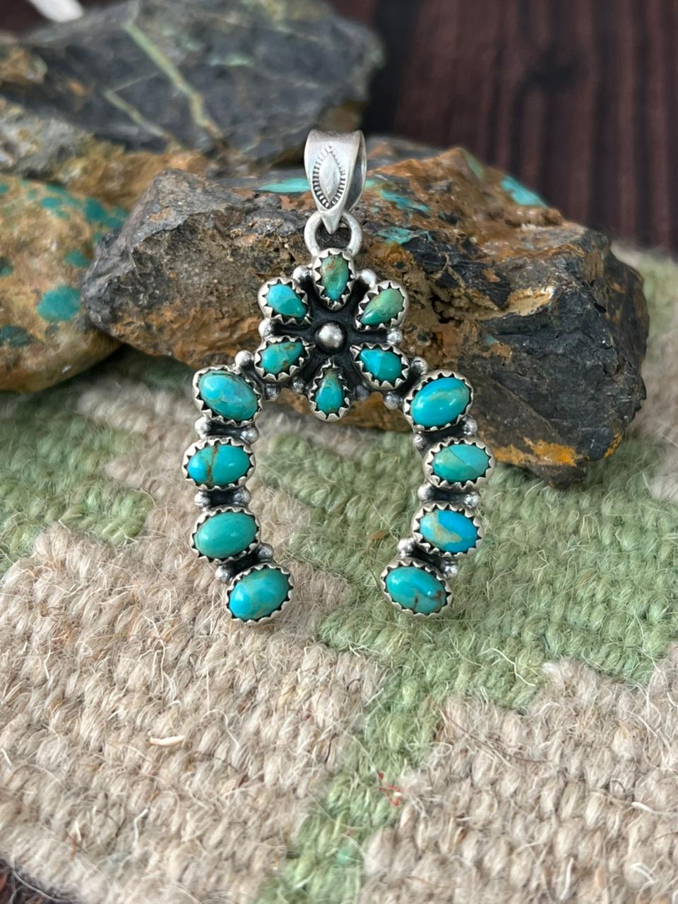 Handmade Sterling Silver Kingman Turquoise Naja Pendant "Signed Nizhoni"